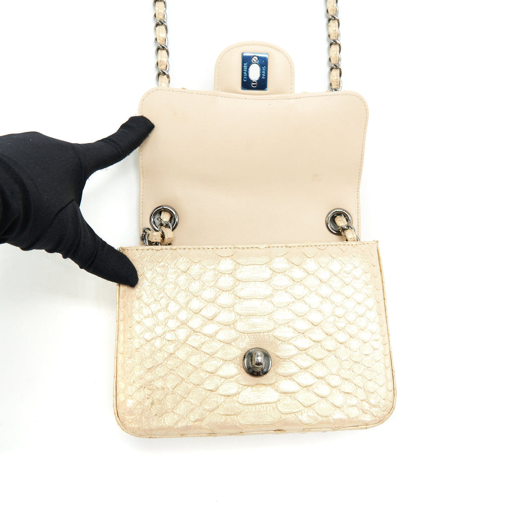 CHANEL MINI SQUARE FLAP BAG PYTHON IRIDESCENT LIGHT BEIGE SHW