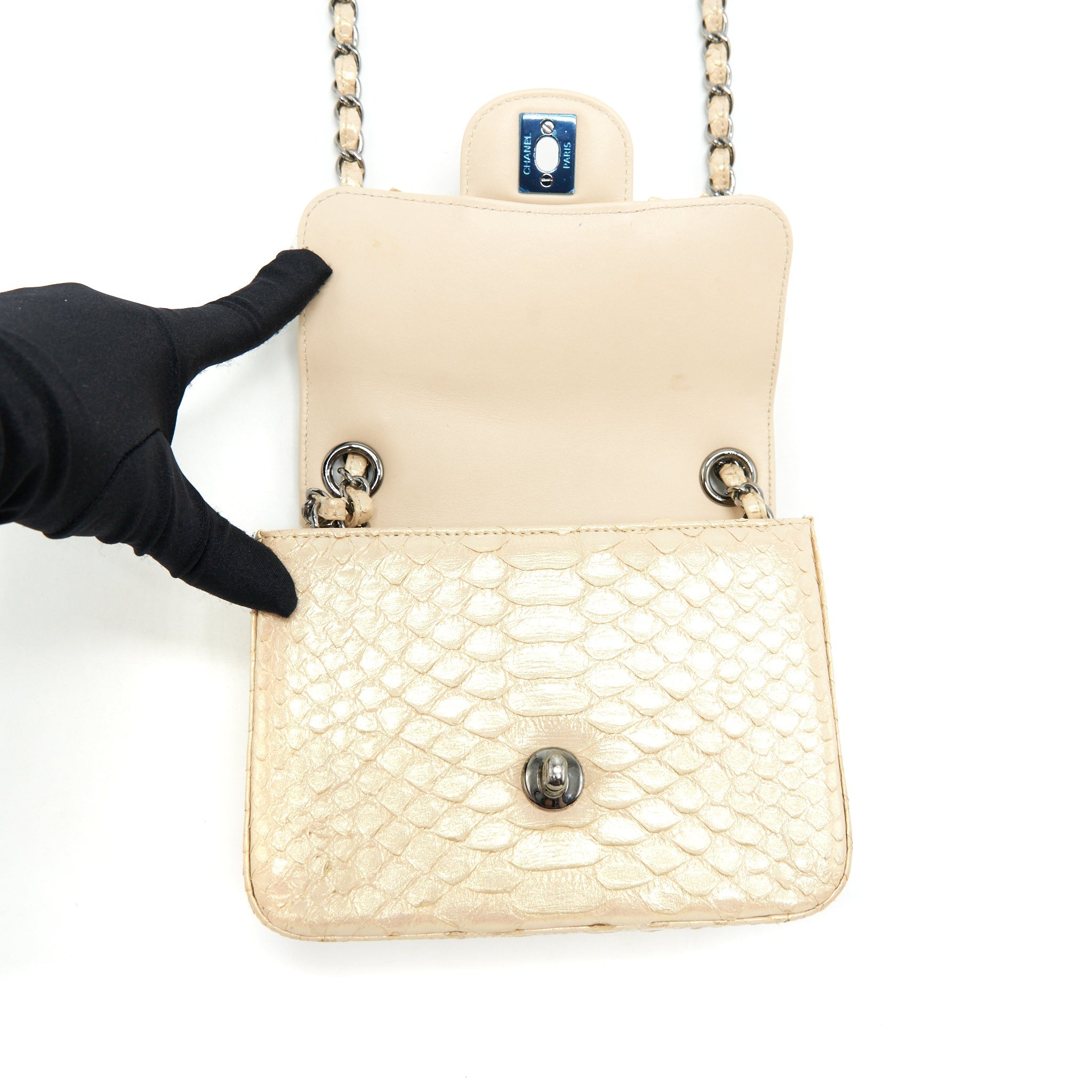 CHANEL MINI SQUARE FLAP BAG PYTHON IRIDESCENT LIGHT BEIGE SHW