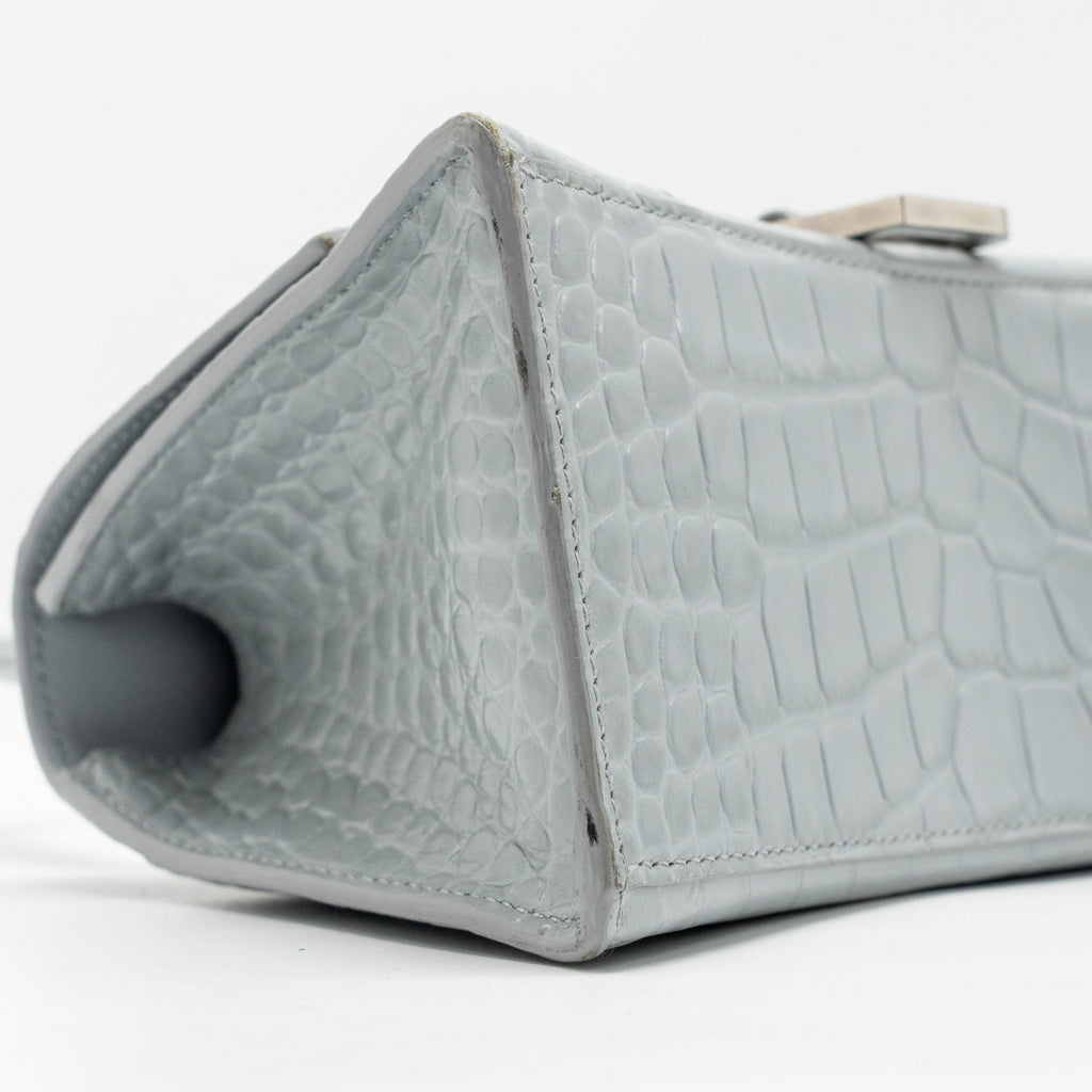 BALENCIAGA SMALL HOURGLASS BAG CROC-EMBOSSED CALFSKIN GREY SHW