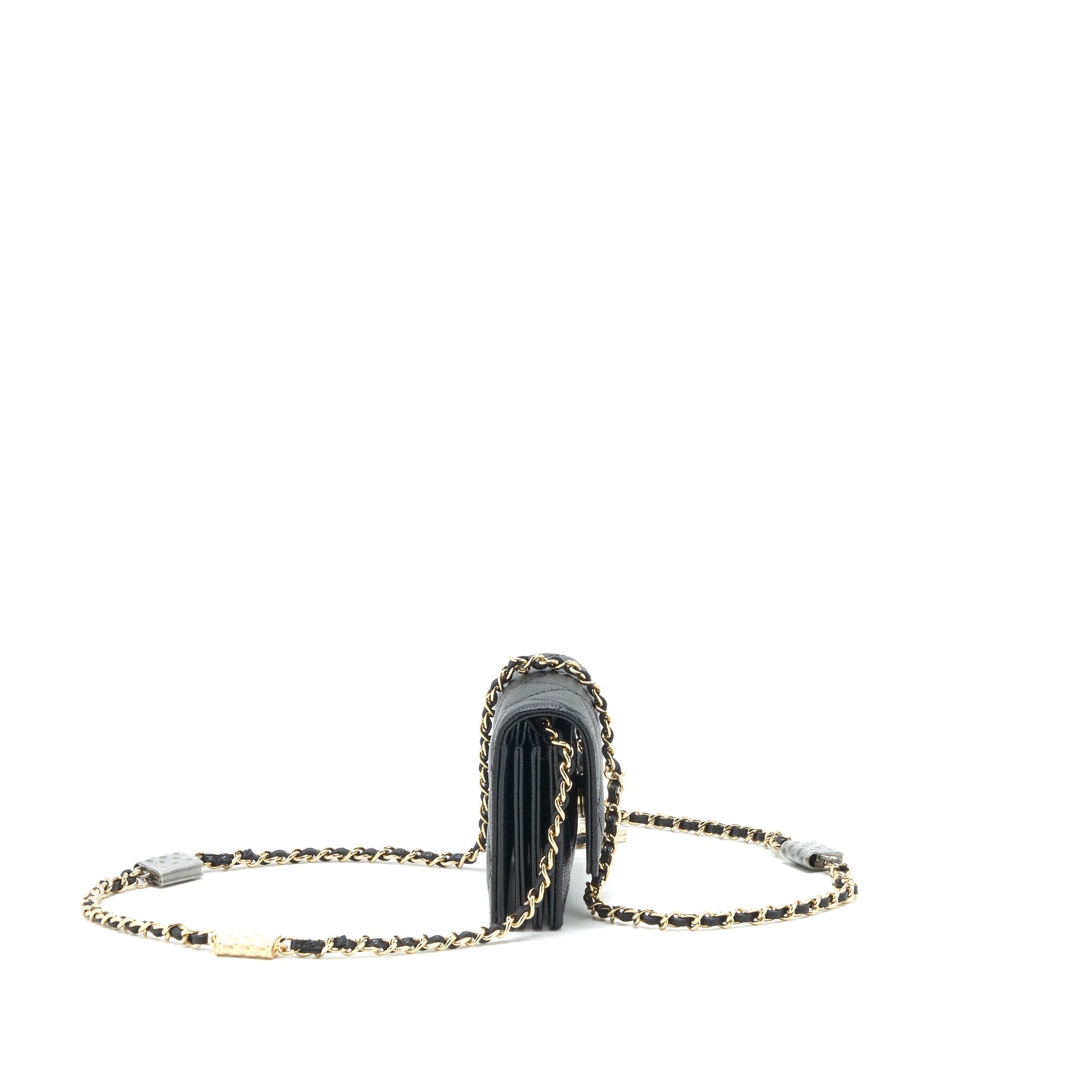 CHANEL 21K CAVIAR MINI FLAP CARDHOLDER WITH CHAIN BLACK LGHW