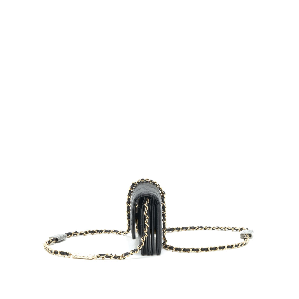 CHANEL 21K CAVIAR MINI FLAP CARDHOLDER WITH CHAIN BLACK LGHW