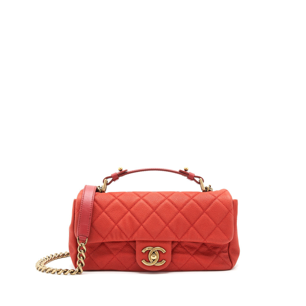 CHANEL TOP HANDLE RECTANGULAR FLAP BAG GRAINED CALFSKIN RED GHW