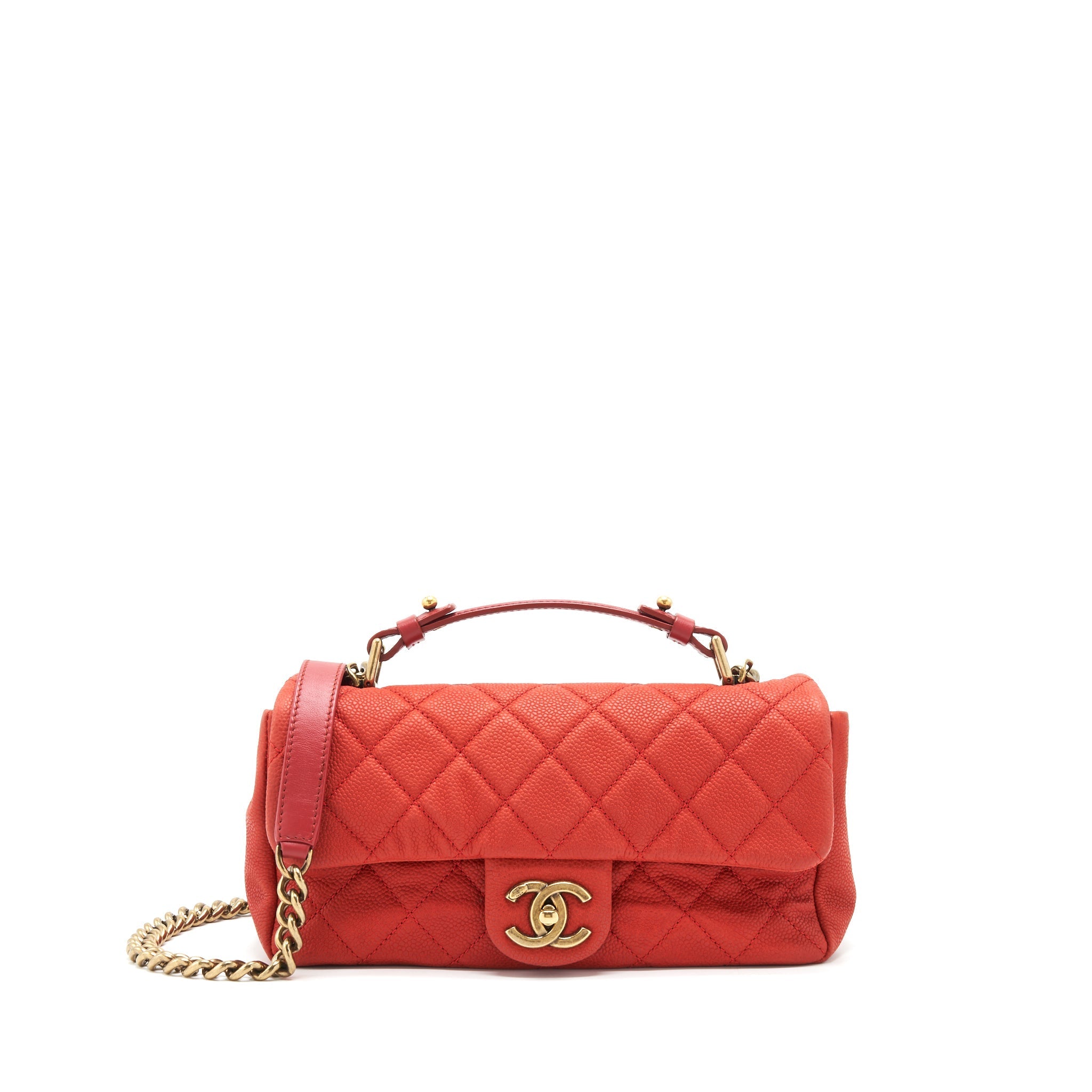 CHANEL TOP HANDLE RECTANGULAR FLAP BAG GRAINED CALFSKIN RED GHW