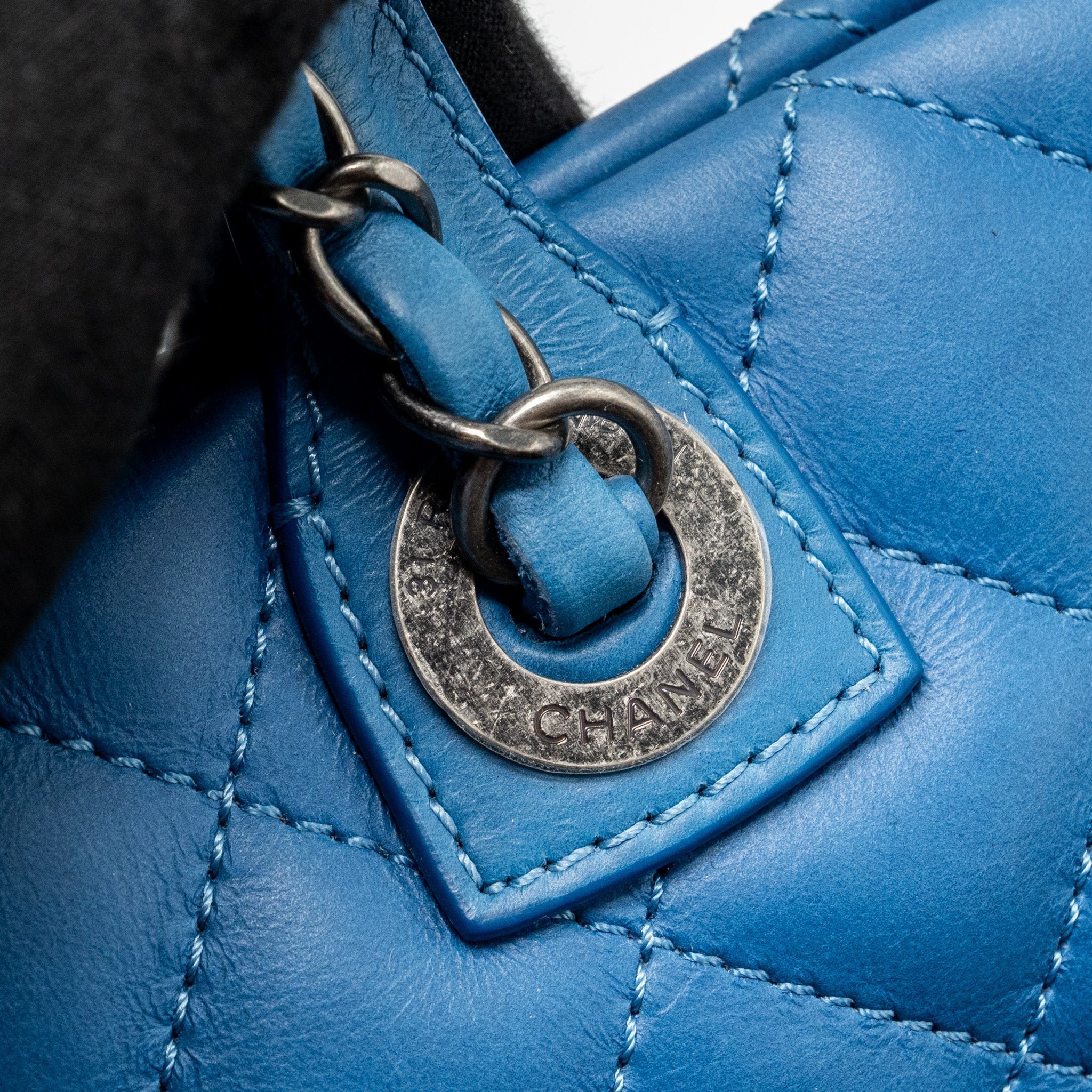 CHANEL TOP HANDLE QUILTED TOTE BAG CALFSKIN BLUE RUTHENIUM HARDWARE