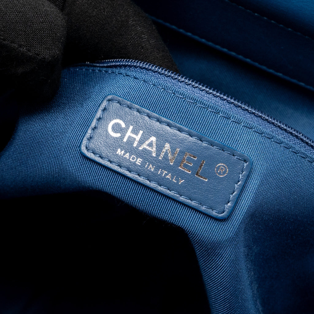 CHANEL TOP HANDLE QUILTED TOTE BAG CALFSKIN BLUE RUTHENIUM HARDWARE