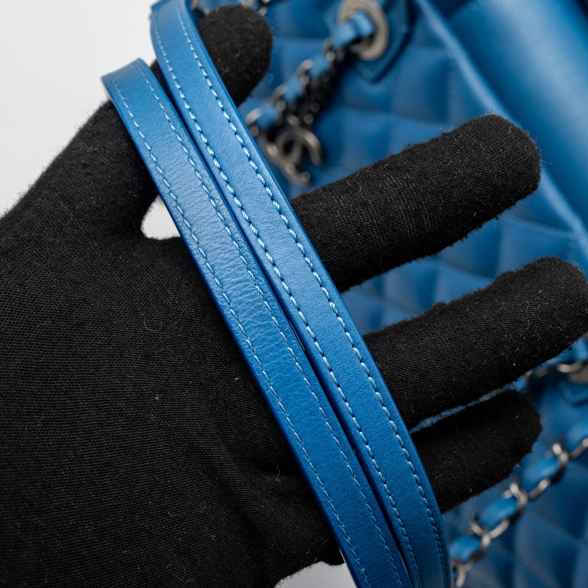 CHANEL TOP HANDLE QUILTED TOTE BAG CALFSKIN BLUE RUTHENIUM HARDWARE
