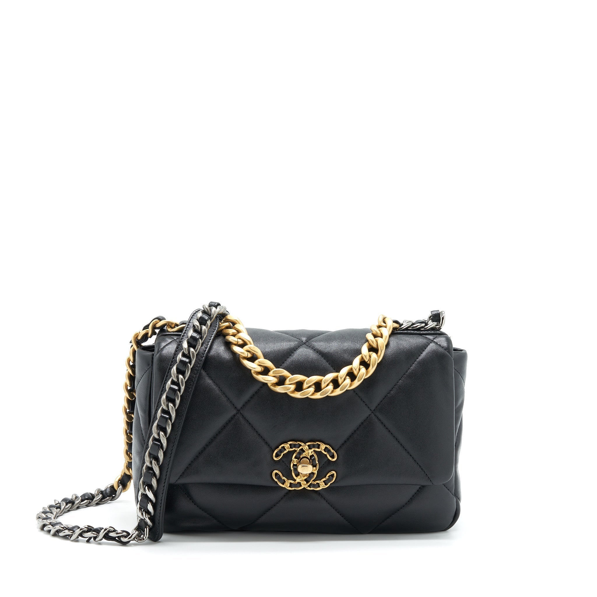 CHANEL SMALL 19 BAG LAMBSKIN BLACK WITH GOLD AND SILVER HARDWARE