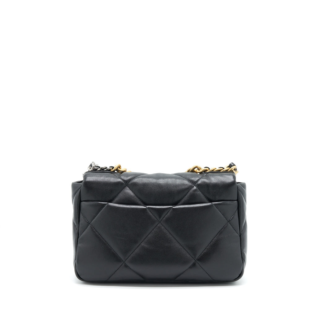 CHANEL SMALL 19 BAG LAMBSKIN BLACK WITH GOLD AND SILVER HARDWARE