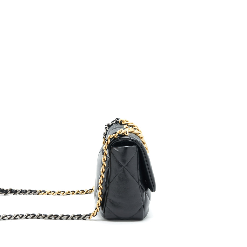 CHANEL SMALL 19 BAG LAMBSKIN BLACK WITH GOLD AND SILVER HARDWARE