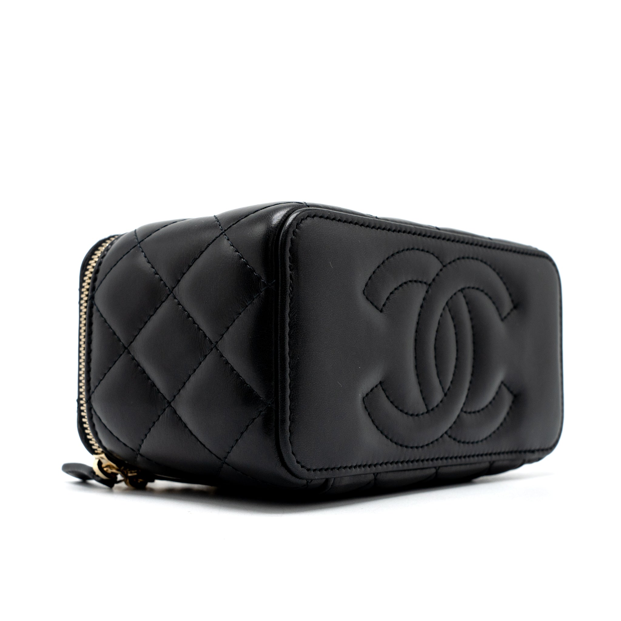 CHANEL 22K GOLD PILLAR ADJUSTABLE CHAIN LONG VANITY LAMBSKIN BLACK BRUSHED GHW(MICROCHIP)