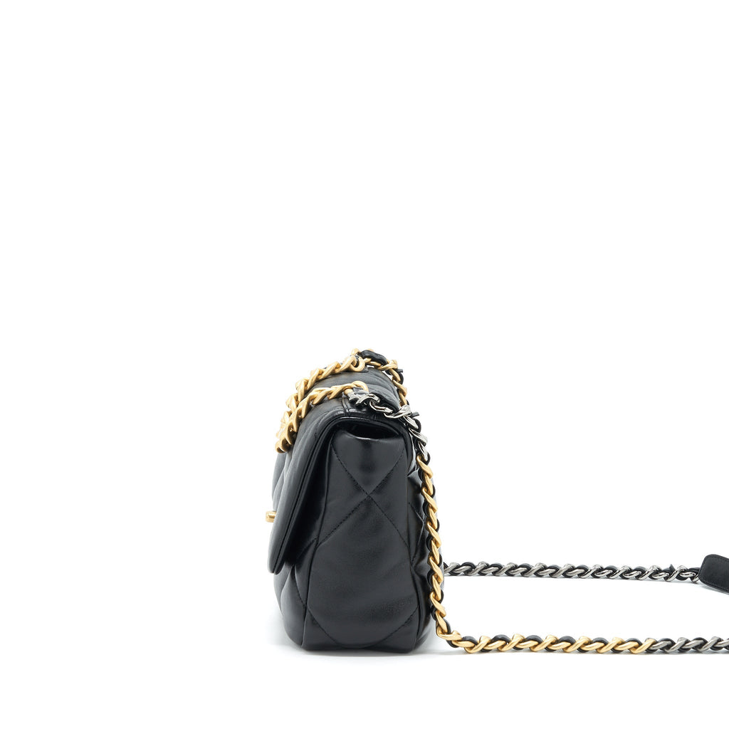 CHANEL SMALL 19 BAG LAMBSKIN BLACK WITH GOLD AND SILVER HARDWARE