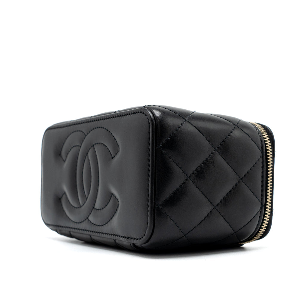 CHANEL 22K GOLD PILLAR ADJUSTABLE CHAIN LONG VANITY LAMBSKIN BLACK BRUSHED GHW(MICROCHIP)