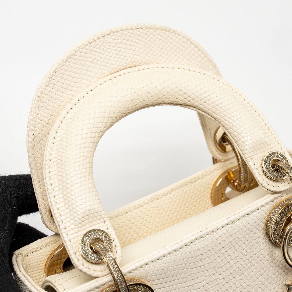 DIOR MINI LADY DIOR LIZARD WITH CRYSTAL WHITE LGHW