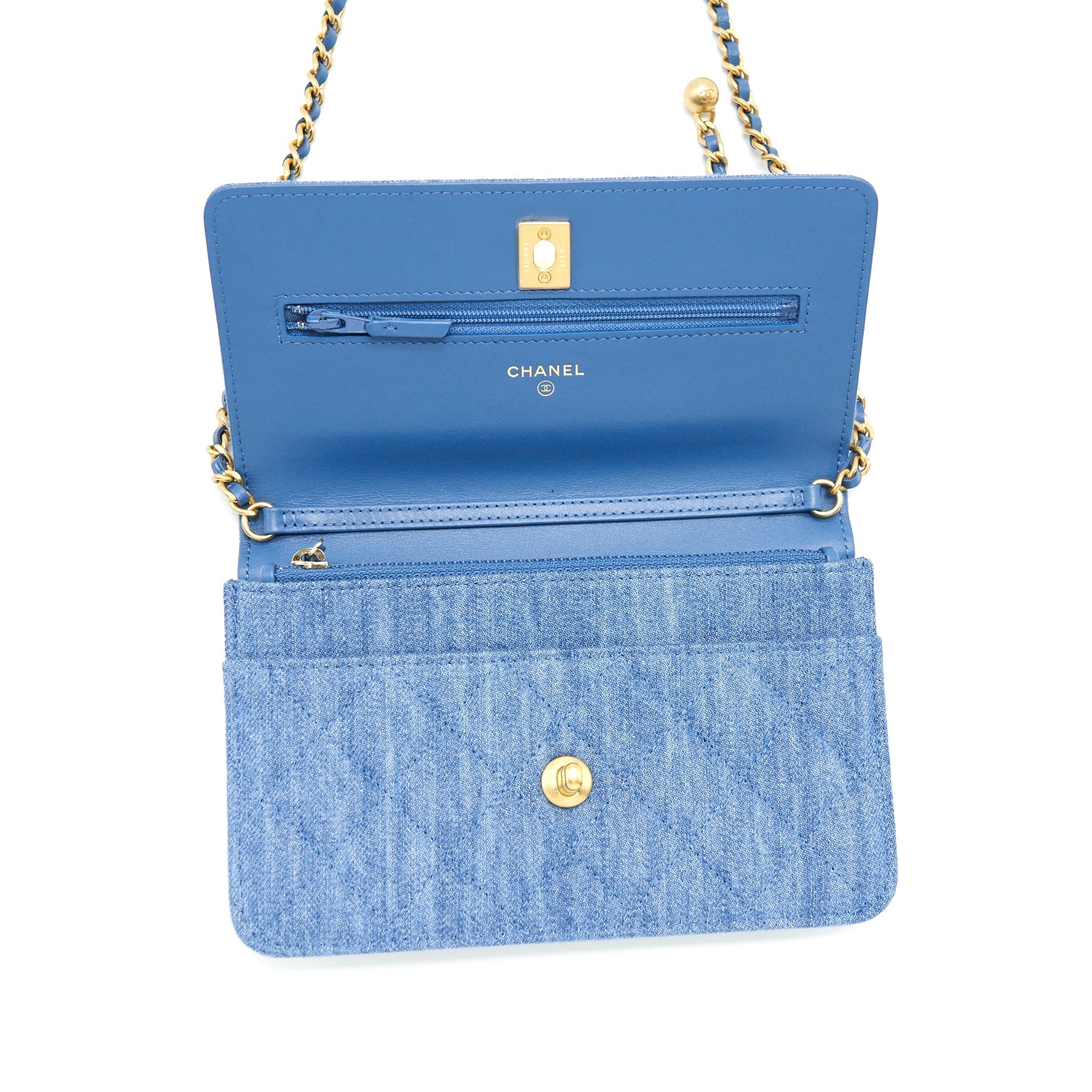 CHANEL PEARL CRUSH WALLET ON CHAIN DENIM BLUE GHW (MICROCHIP)