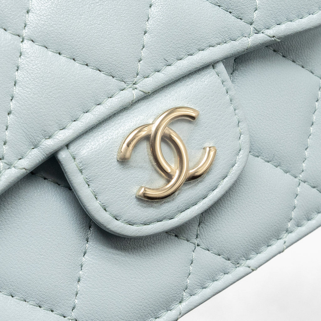 CHANEL TOP HANDLE MINI FLAP BAG WITH CHAIN LAMBSKIN LIGHT BLUE LGHW