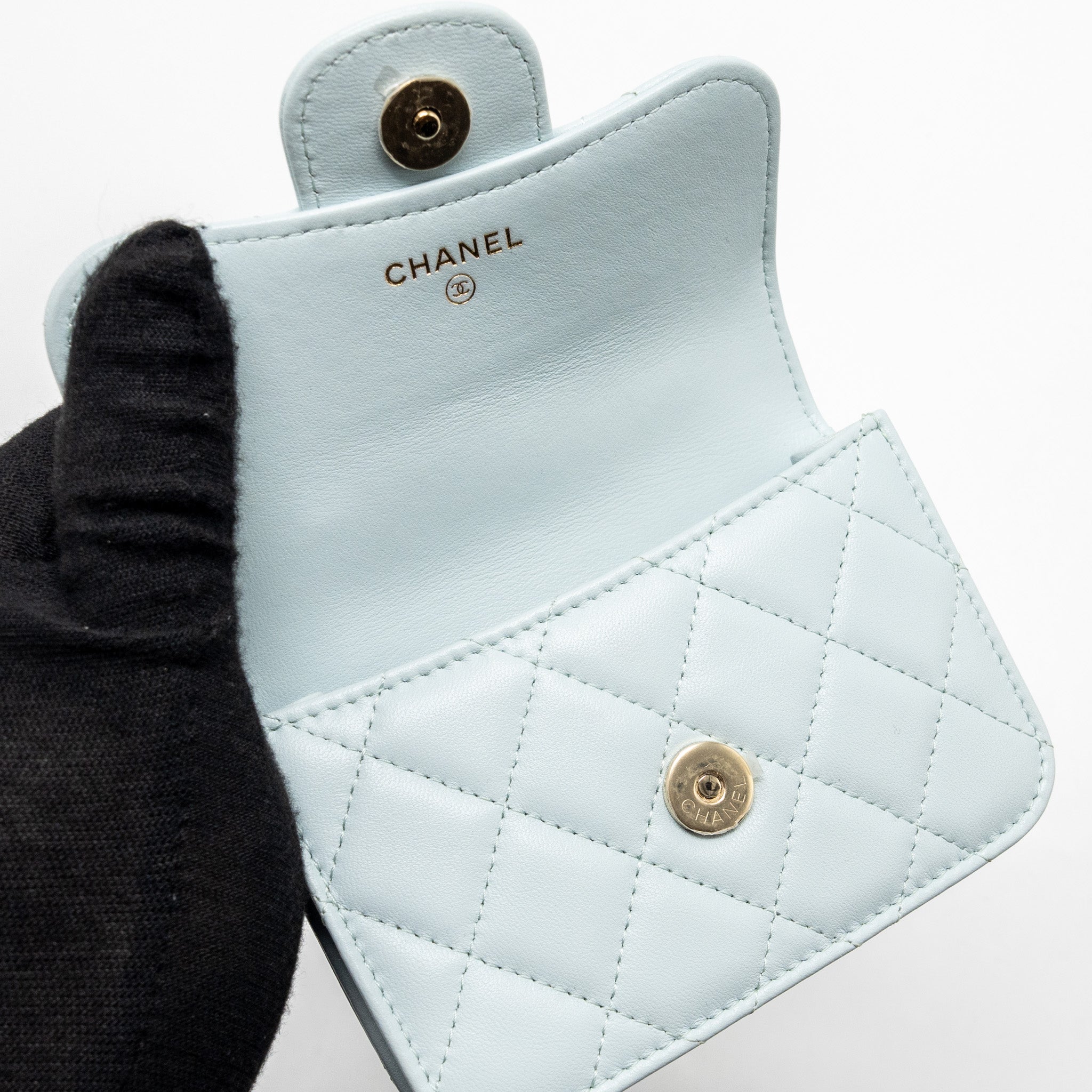 CHANEL TOP HANDLE MINI FLAP BAG WITH CHAIN LAMBSKIN LIGHT BLUE LGHW
