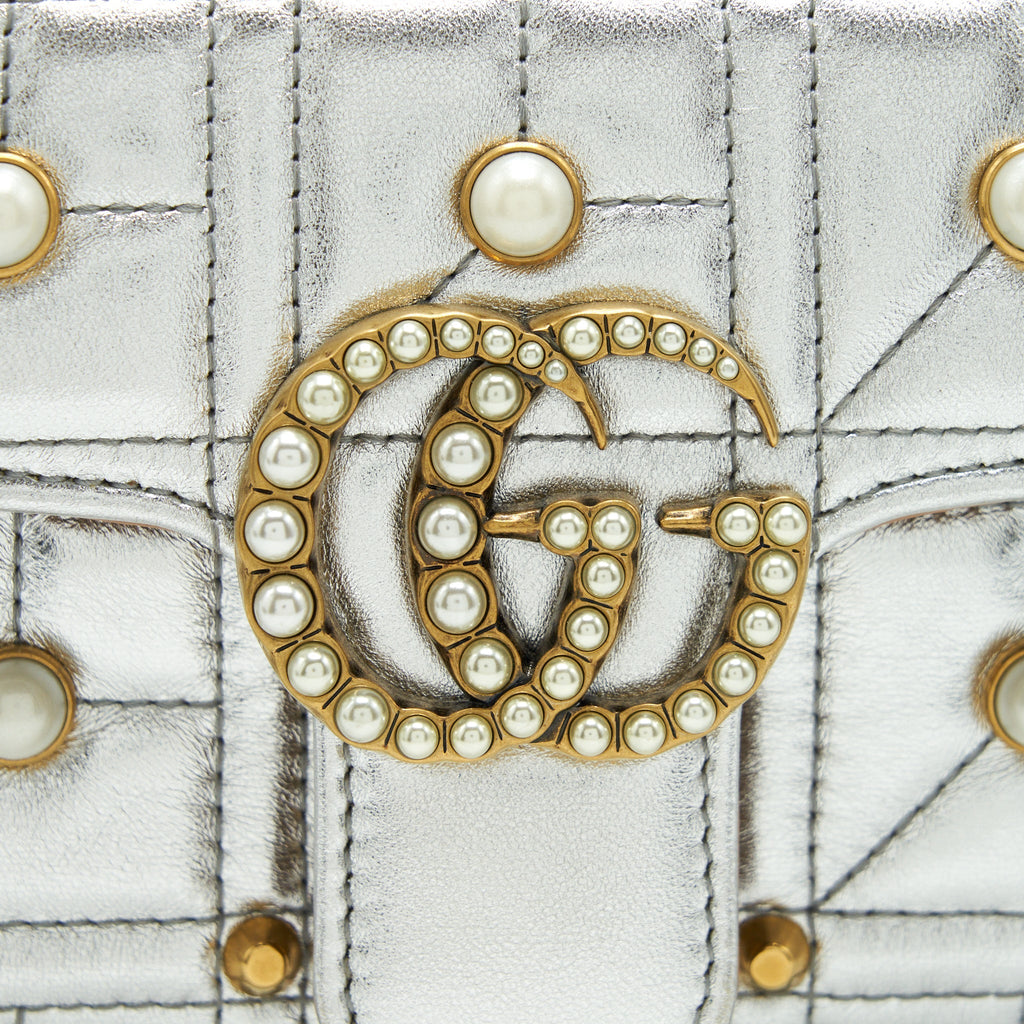 GUCCI MINI GG MARMONT FLAP BAG LIMITED EDITION SILVER WITH PEARL/GOLD HARDWARE