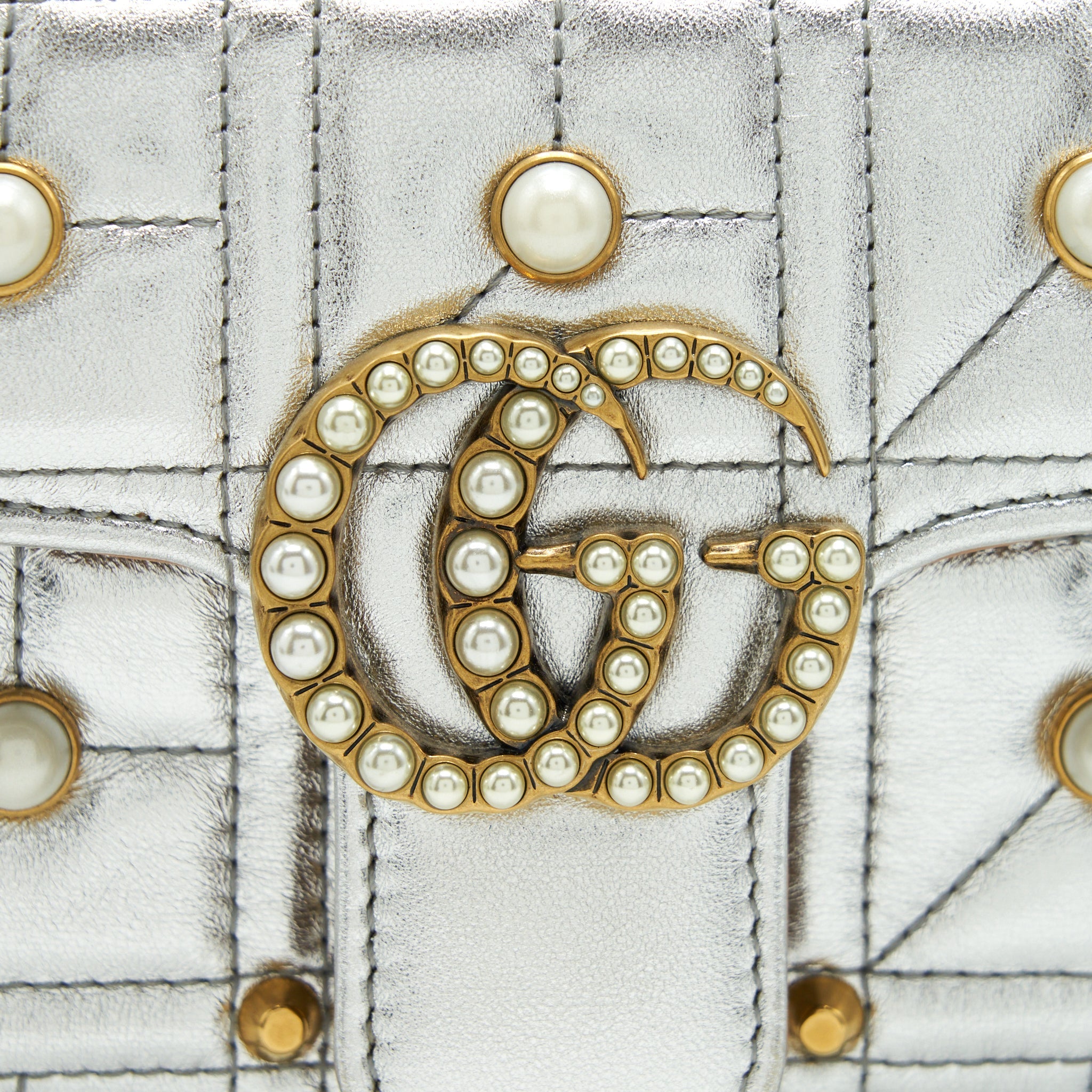 GUCCI MINI GG MARMONT FLAP BAG LIMITED EDITION SILVER WITH PEARL/GOLD HARDWARE