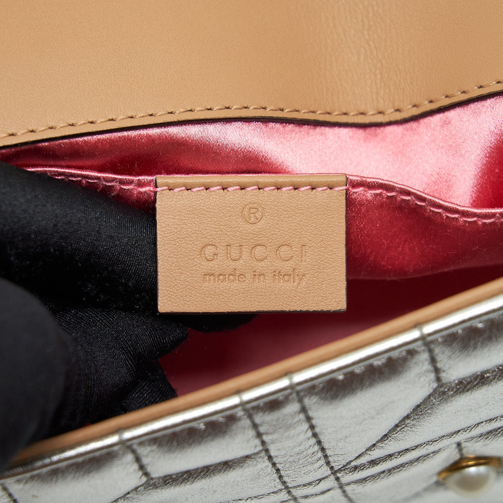 GUCCI MINI GG MARMONT FLAP BAG LIMITED EDITION SILVER WITH PEARL/GOLD HARDWARE