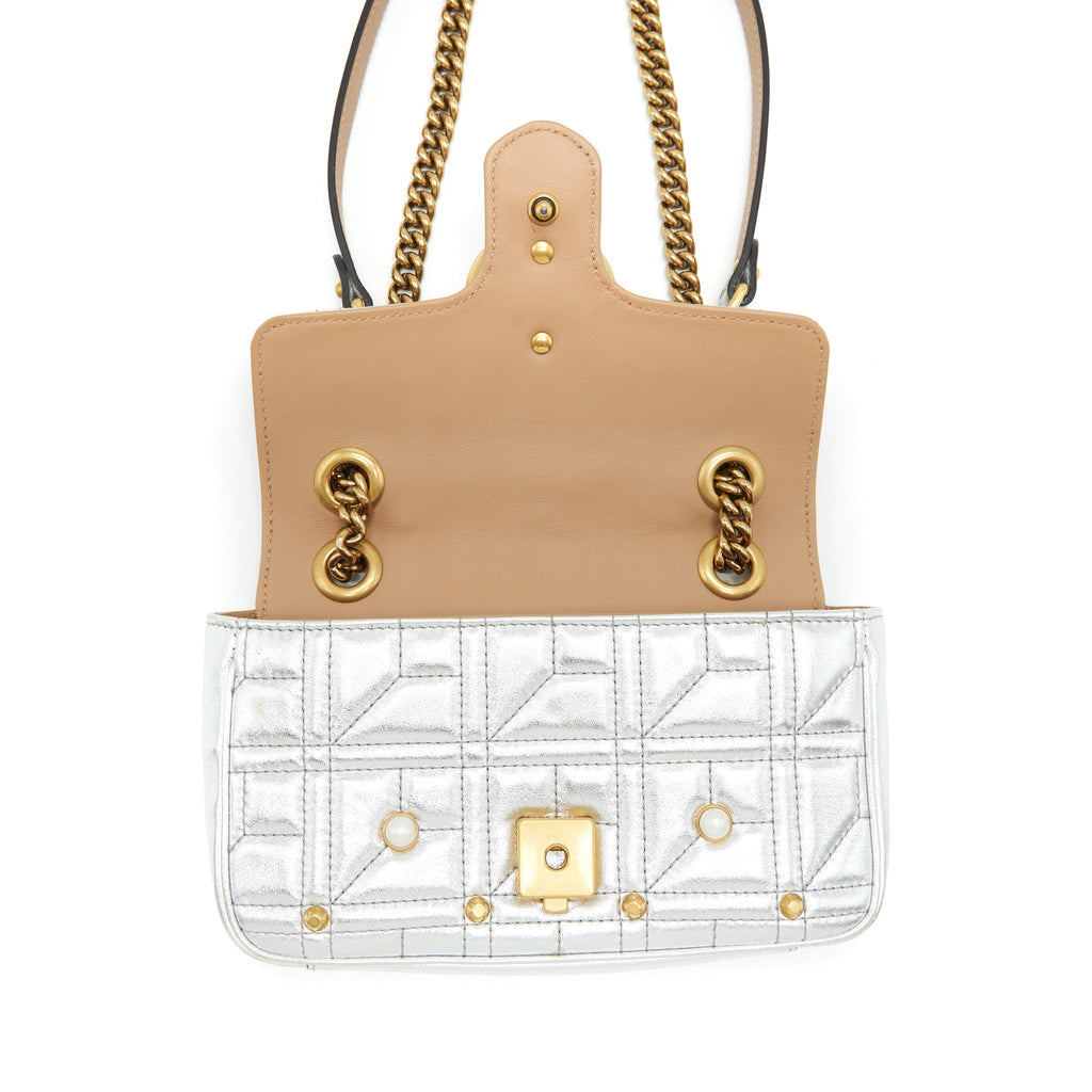 GUCCI MINI GG MARMONT FLAP BAG LIMITED EDITION SILVER WITH PEARL/GOLD HARDWARE