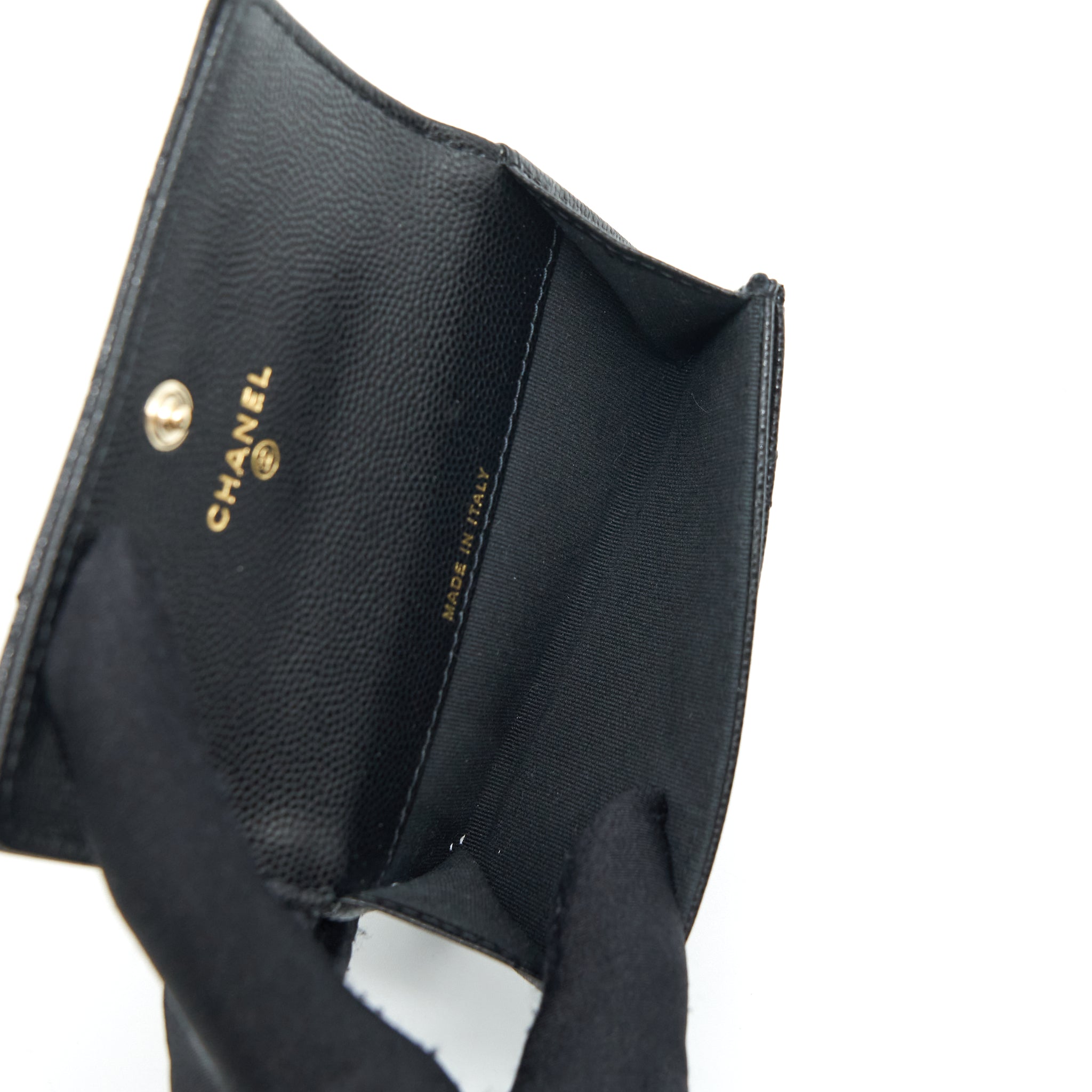 CHANEL 22S DETAILED LOGO MINI FLAP CARD HOLDER CAVIAR BLACK LGHW