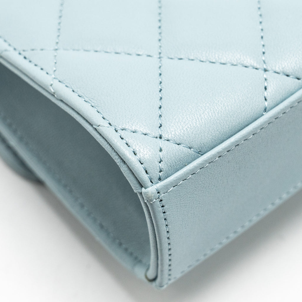 CHANEL TOP HANDLE MINI FLAP BAG LAMBSKIN LIGHT BLUE LGHW