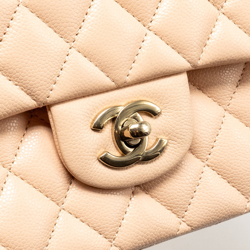 CHANEL MEDIUM CLASSIC DOUBLE FLAP BAG CAVIAR NN269 BEIGE LGHW (MICROCHIP)