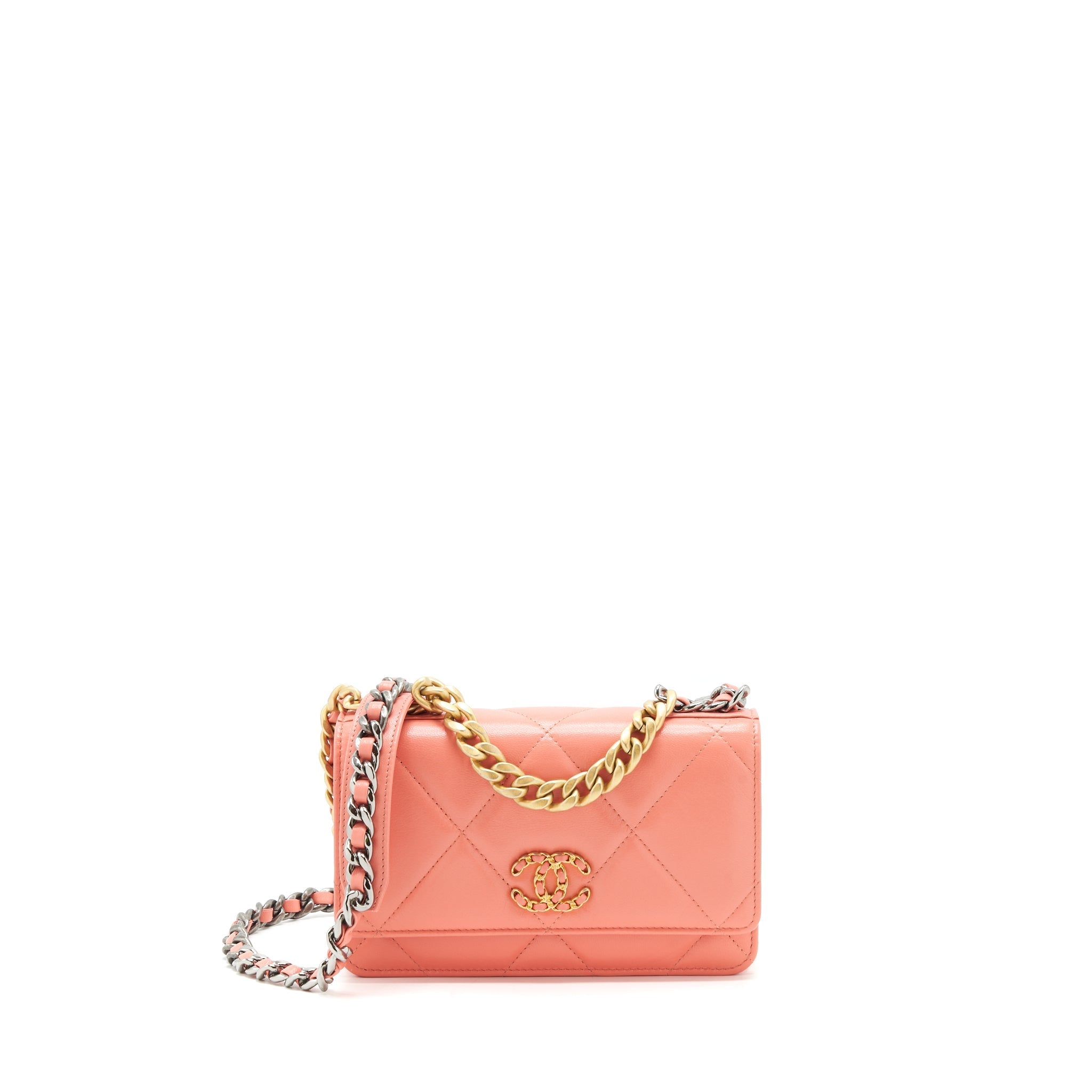 CHANEL 19 WALLET ON CHAIN GOATSKIN PINK WITH GOLD AND SILVER HARDWARE
