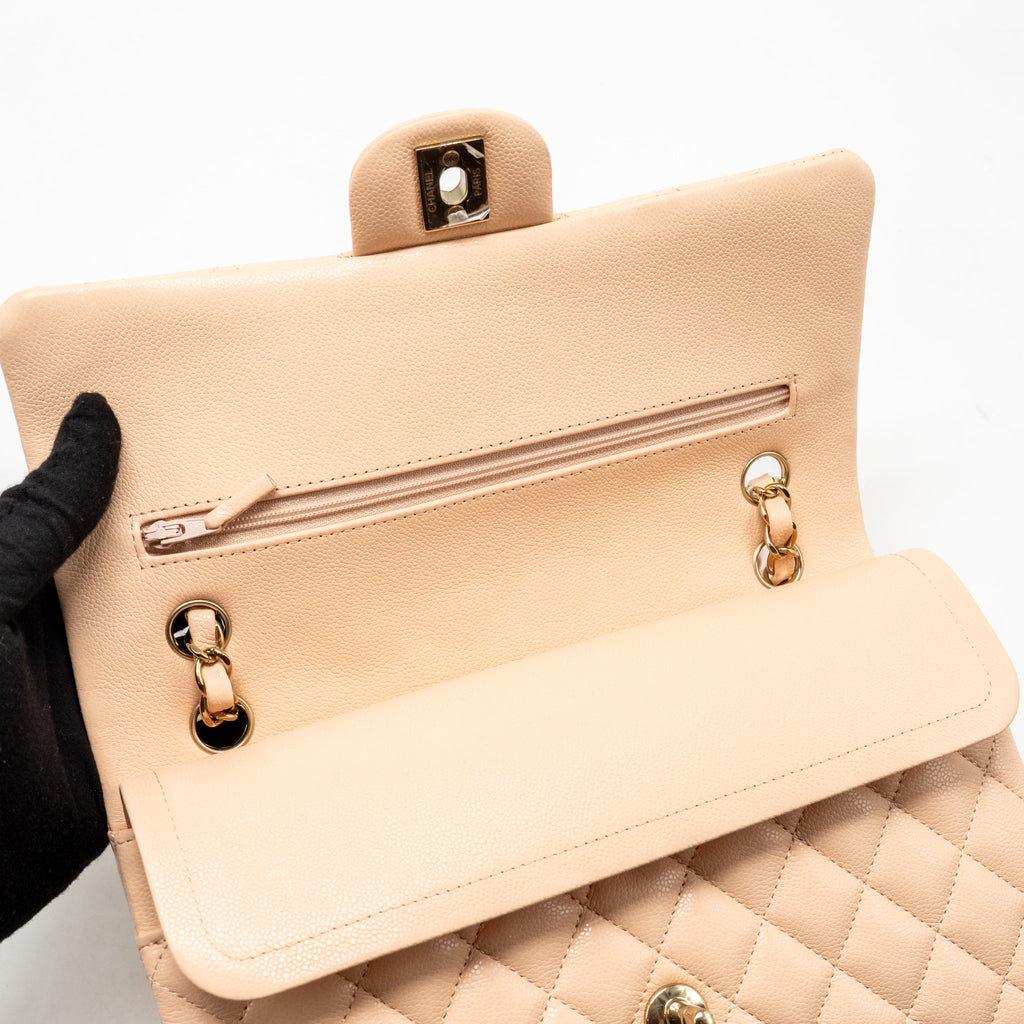 CHANEL MEDIUM CLASSIC DOUBLE FLAP BAG CAVIAR NN269 BEIGE LGHW (MICROCHIP)