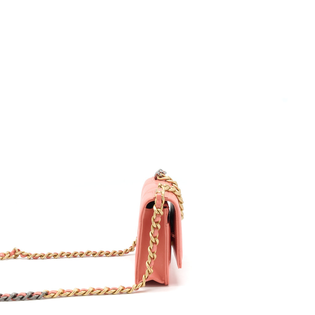 CHANEL 19 WALLET ON CHAIN GOATSKIN PINK WITH GOLD AND SILVER HARDWARE