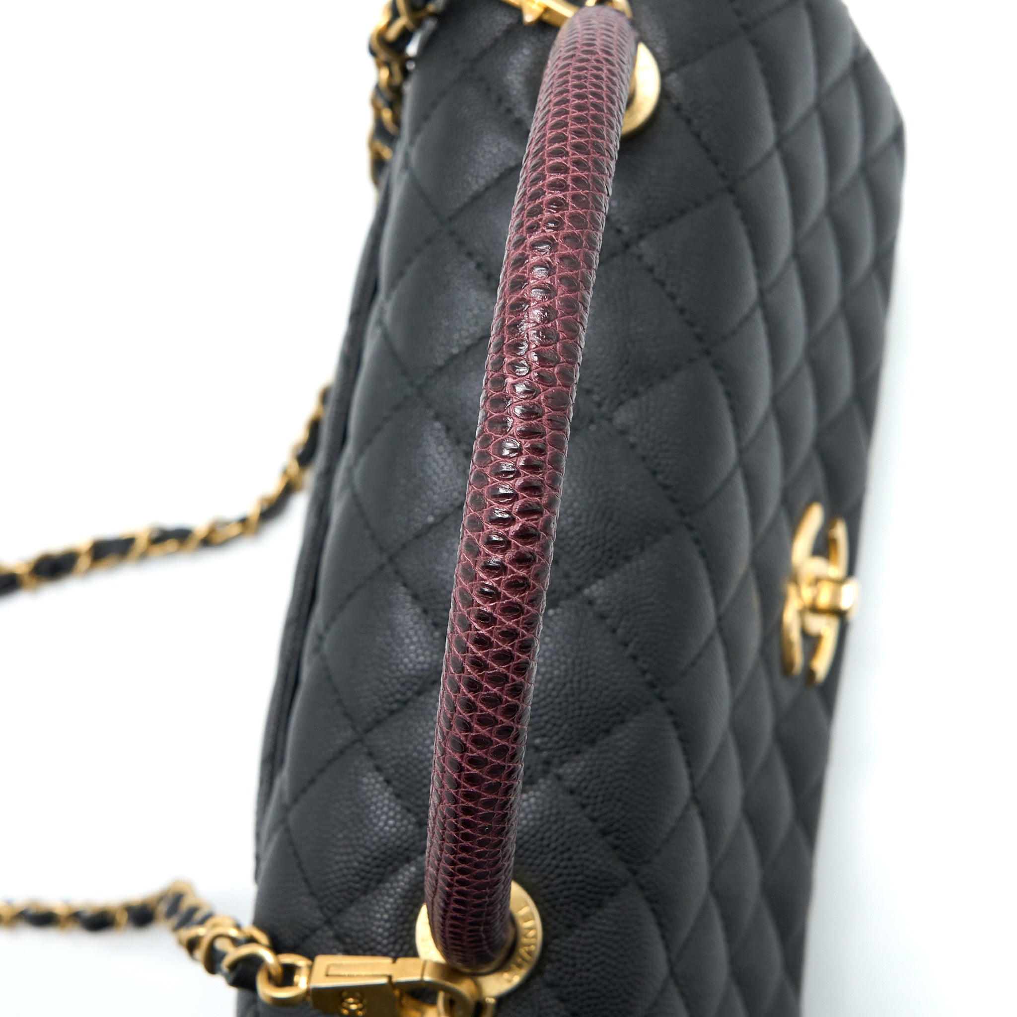CHANEL MEDIUM COCO HANDLE CAVIAR WITH LIZARD HANDLE BLACK BRUSHED GHW