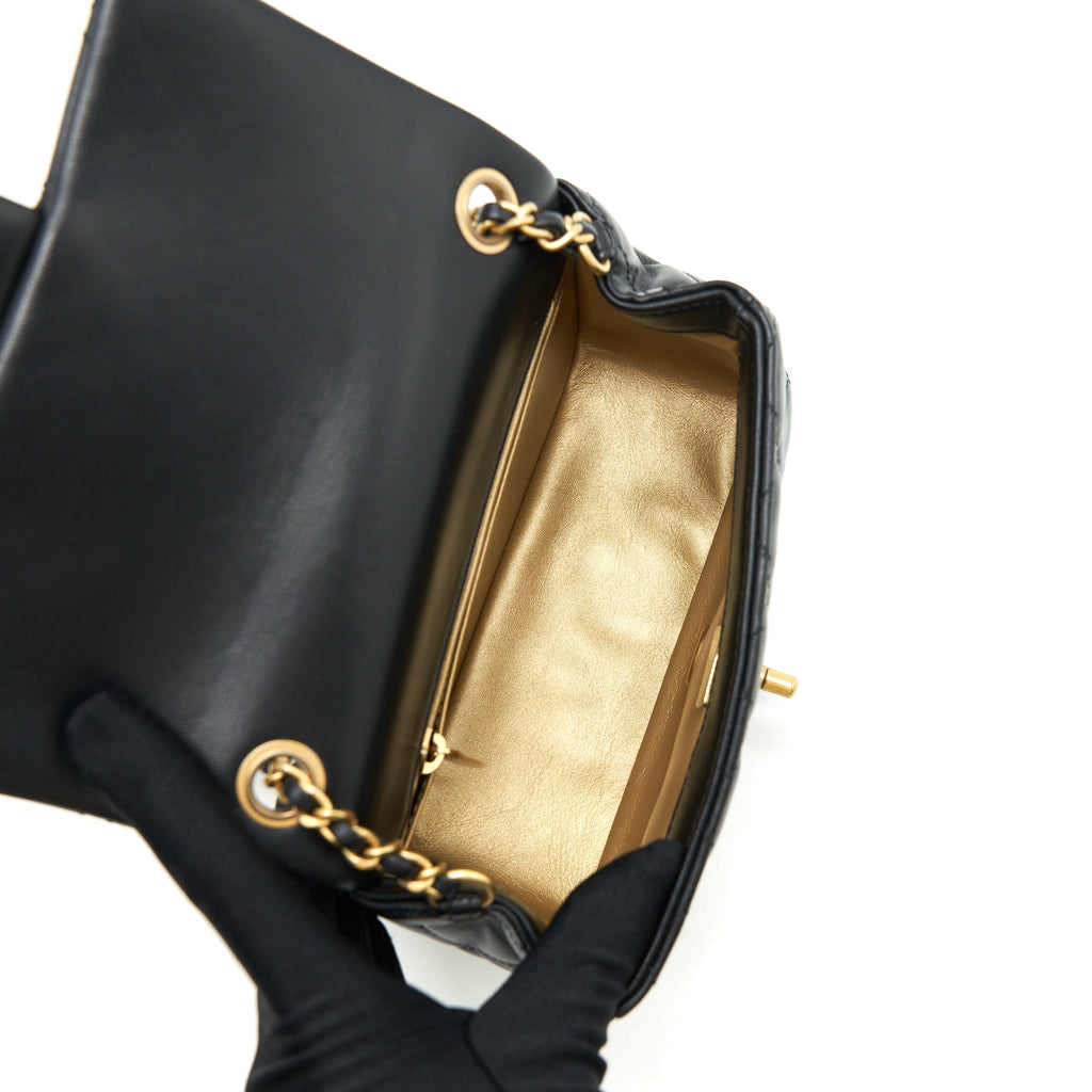 CHANEL 22C PEARL CRUSH MINI SQUARE FLAP BAG LAMBSKIN BLACK GHW (MICROCHIP)