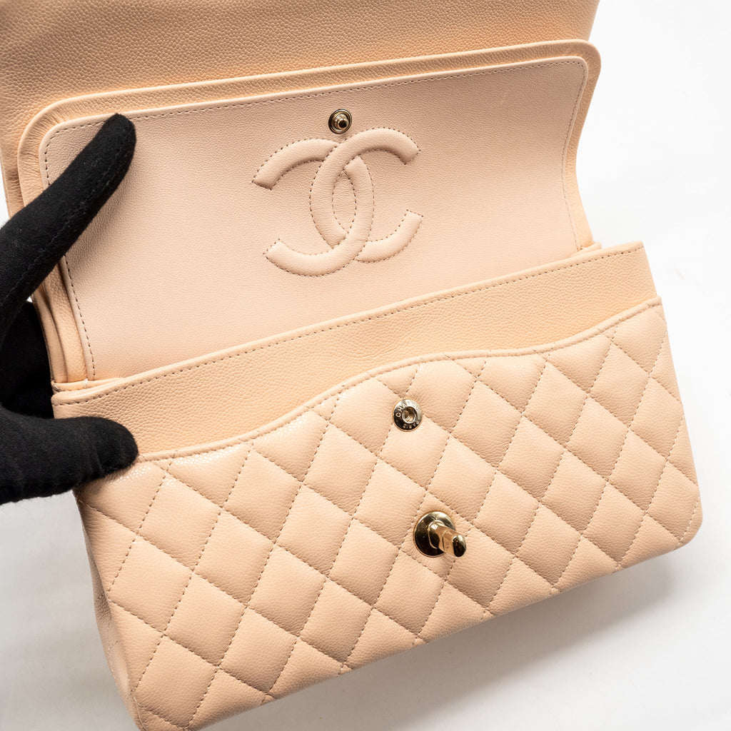CHANEL MEDIUM CLASSIC DOUBLE FLAP BAG CAVIAR NN269 BEIGE LGHW (MICROCHIP)