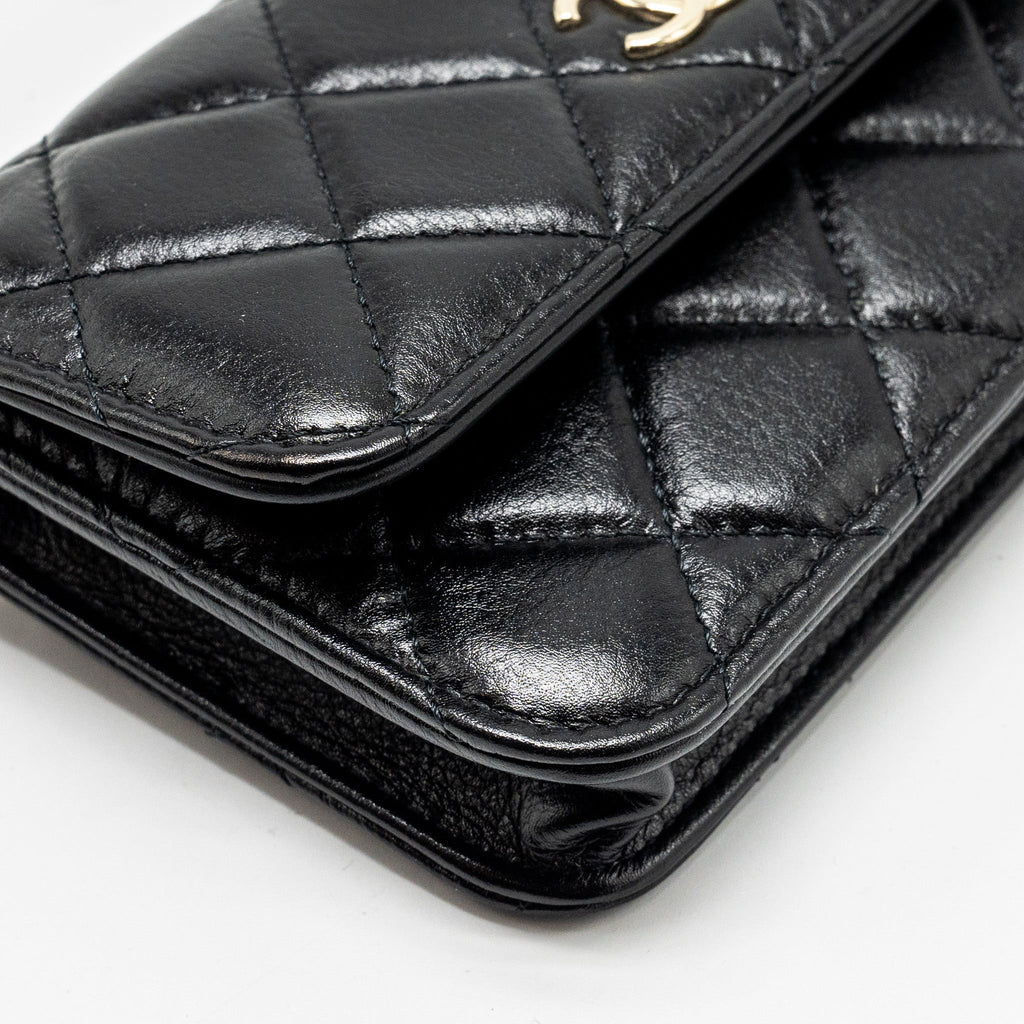 CHANEL CC LOGO CLUTCH WITH GIANT PEARL CHAIN LAMBSKIN BLACK LGHW