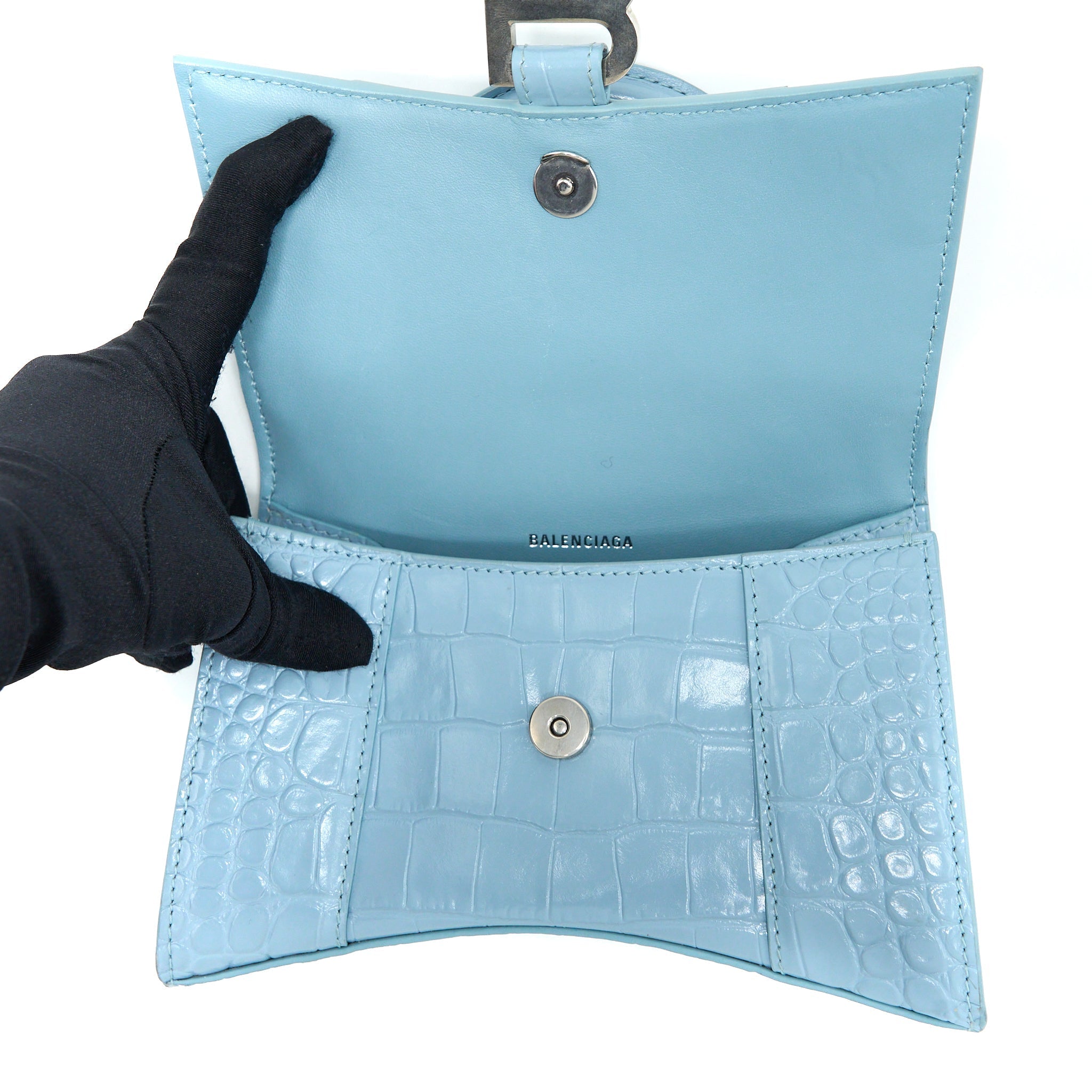 BALENCIAGA HOURGLASS XS CRO-EMBOSSED CALFSKIN LIGHT BLUE SHW