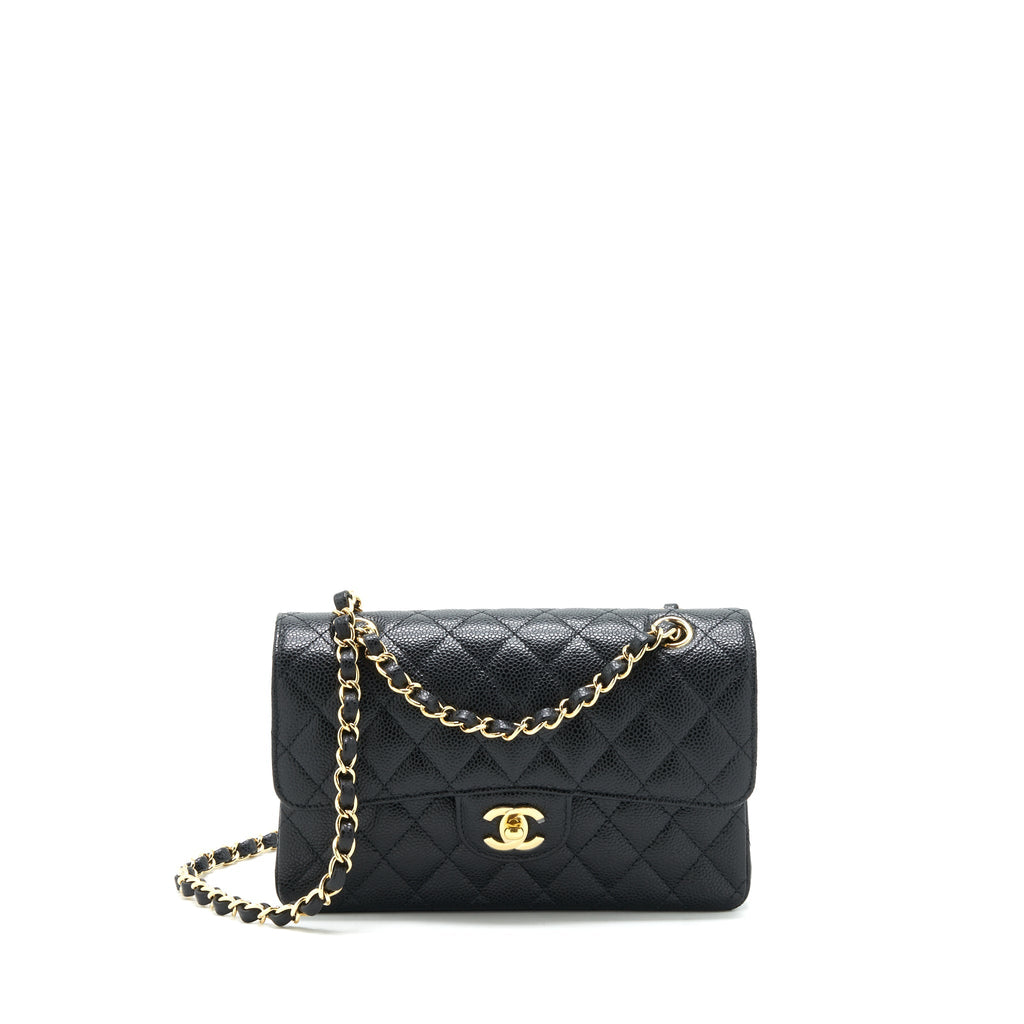 CHANEL 22C CAVIAR SMALL CLASSIC DOUBLE FLAP BAG BLACK GHW