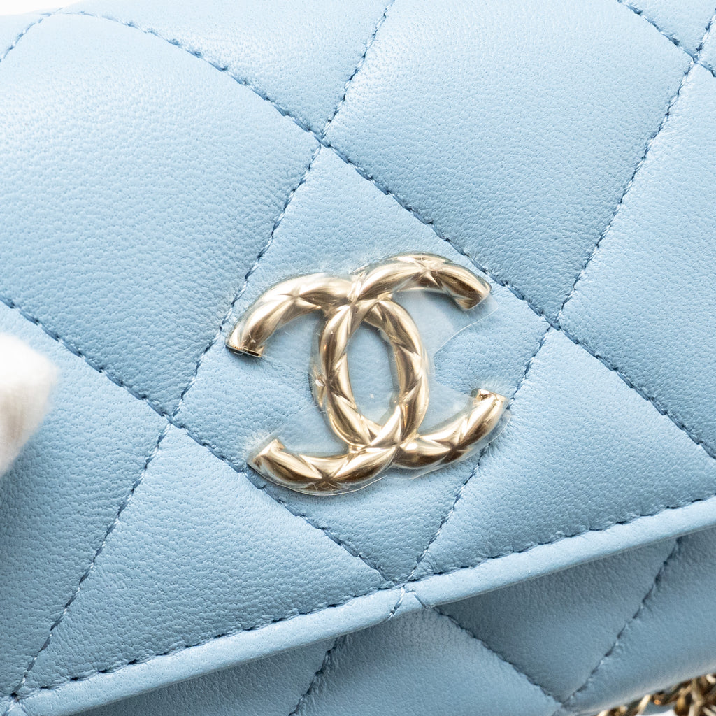 CHANEL MINI FLAP CLUTCH WITH CHAIM LAMBSKIN LIGHT BLUE LGHW