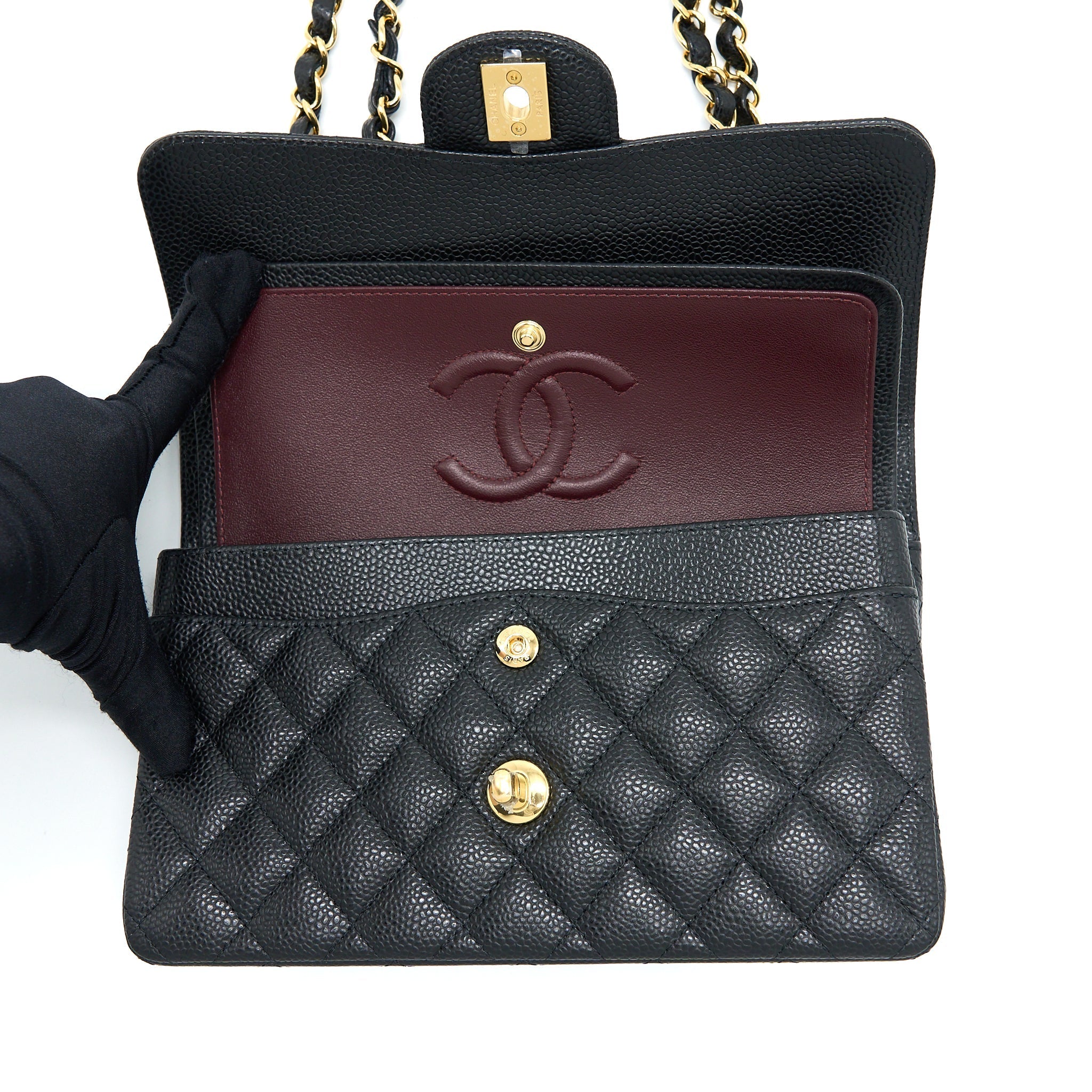 CHANEL SMALL CLASSIC DOUBLE FLAP BAG CAVIAR BLACK GHW (MICROCHIP)