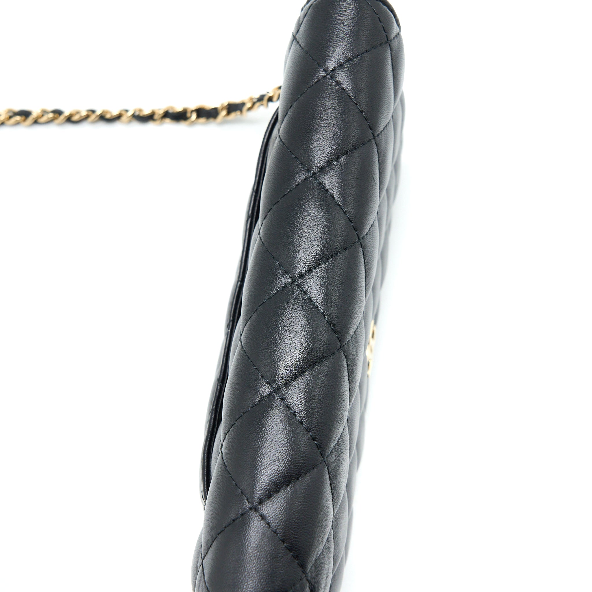 CHANEL QUILTED WALLET ON CHAIN WITH CAMELLIA CHAIN LAMBSKIN BLACK LGHW