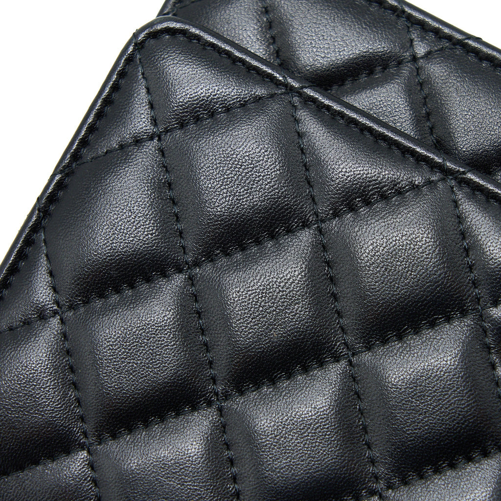 CHANEL QUILTED WALLET ON CHAIN WITH CAMELLIA CHAIN LAMBSKIN BLACK LGHW