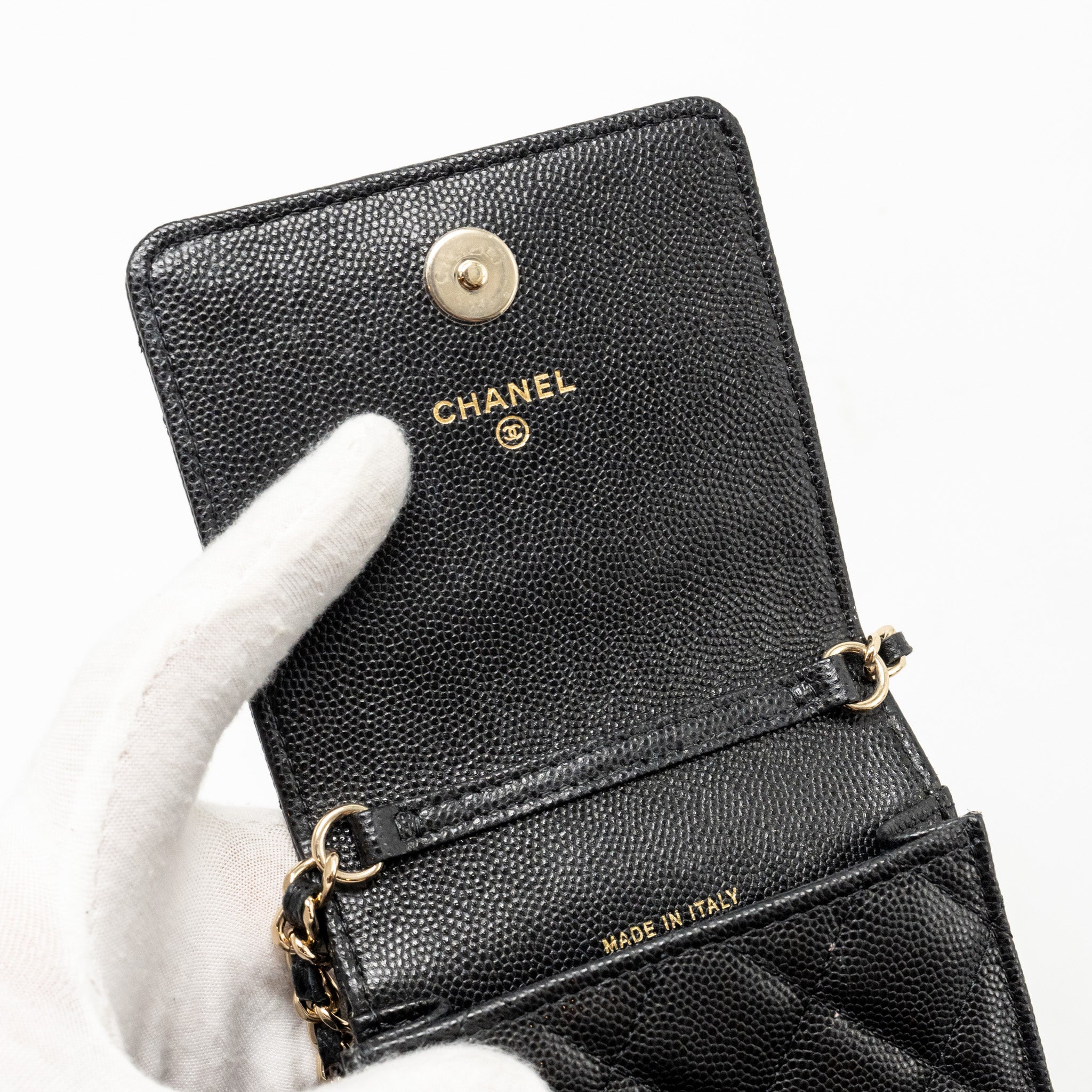 CHANEL CLASSIC PHONE CLUTCH WITH POUCH ON CHAIN CAVIAR BLACK LGHW