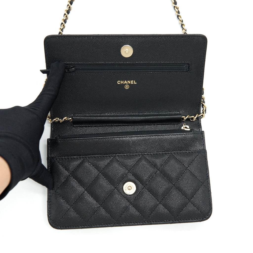 CHANEL 22S DETAILED LOGO WALLET ON CHAIN CAVIAR BLACK LGHW (MICROCHIP)