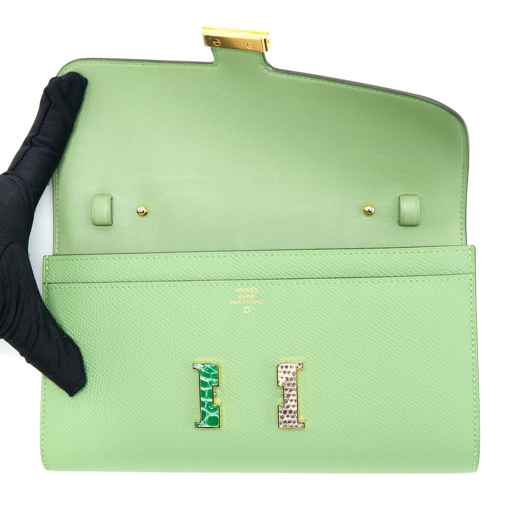 HERMES CONSTANCE TO GO EPSOM VERT CRIQUET WITH ALLIGATOR MULTICOLOUR BUCKLE GHW