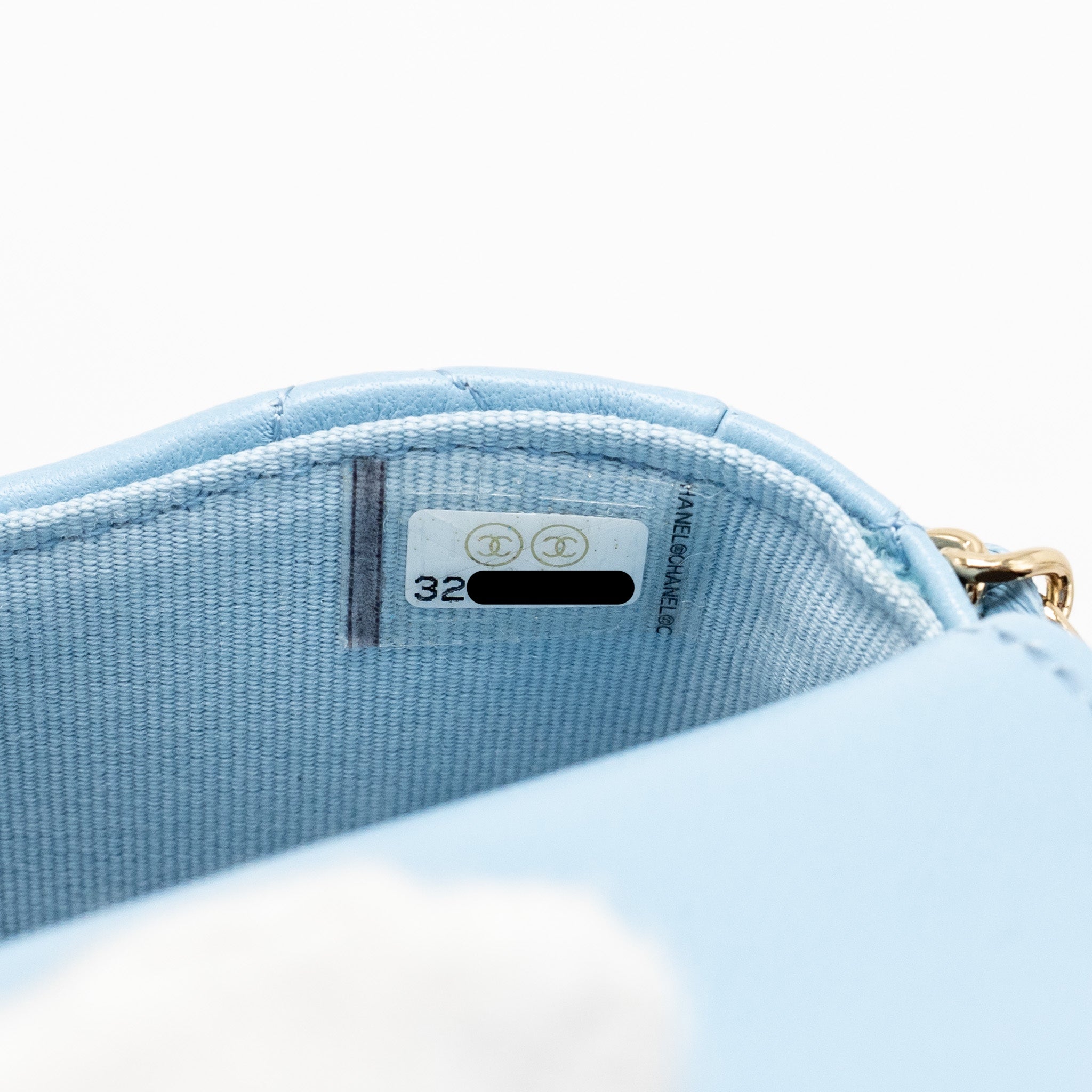 CHANEL MINI FLAP CLUTCH WITH CHAIM LAMBSKIN LIGHT BLUE LGHW