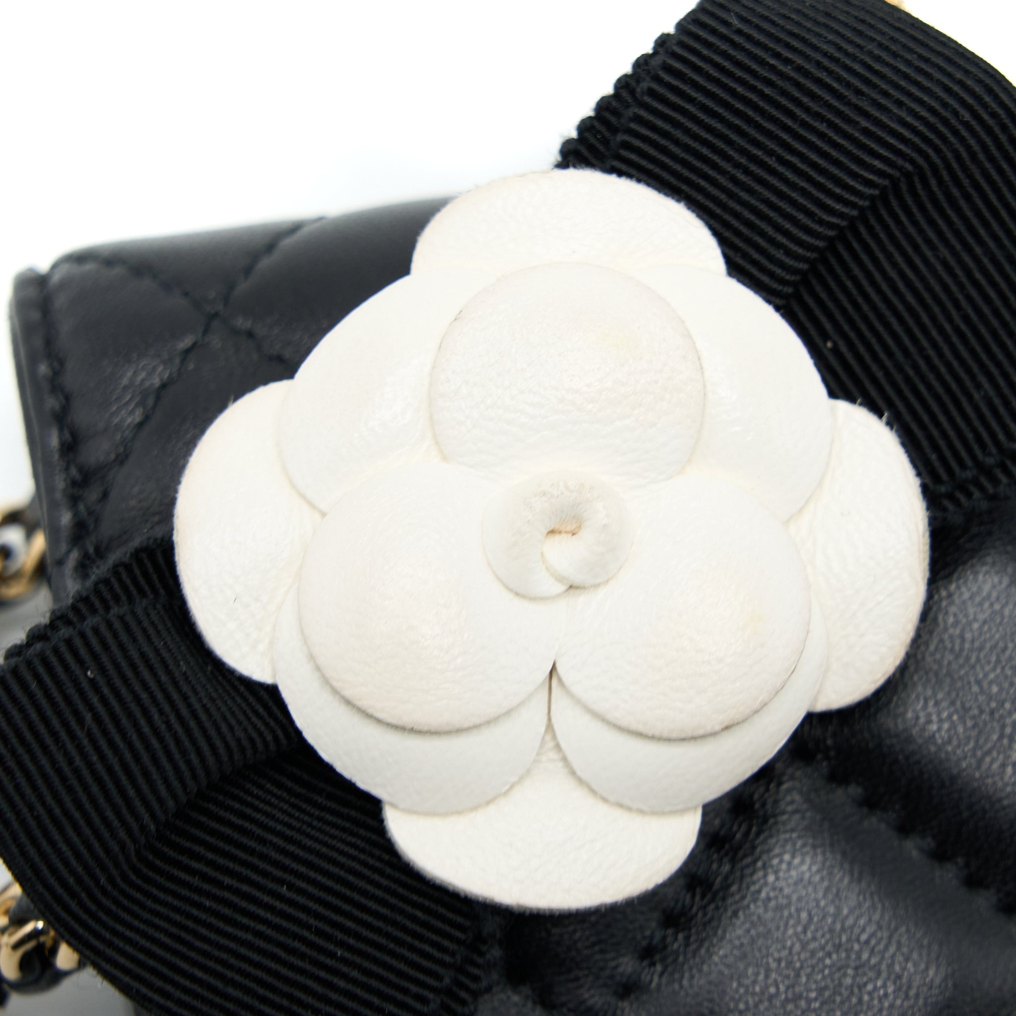 CHANEL QUILTED WALLET ON CHAIN WITH CAMELLIA CHAIN LAMBSKIN BLACK LGHW