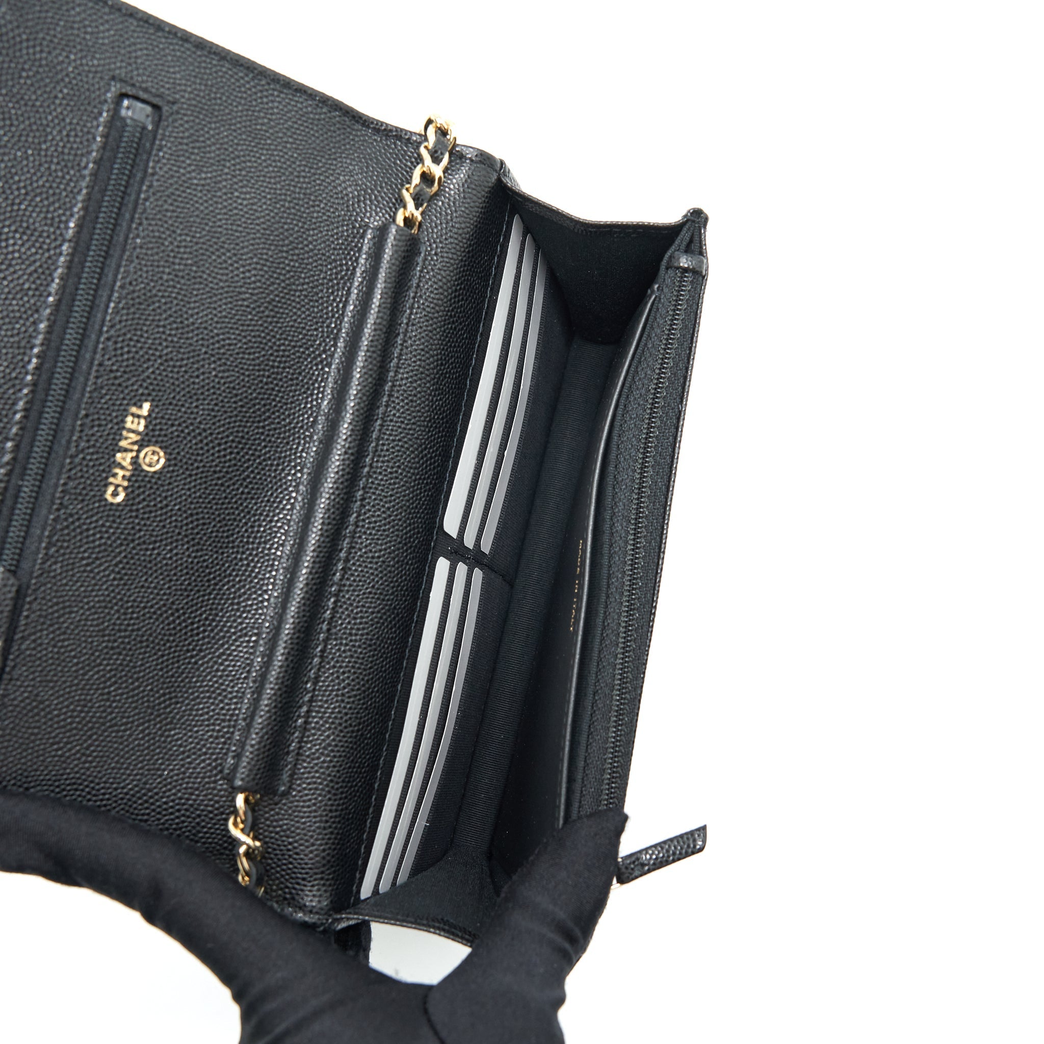CHANEL 22S DETAILED LOGO WALLET ON CHAIN CAVIAR BLACK LGHW (MICROCHIP)