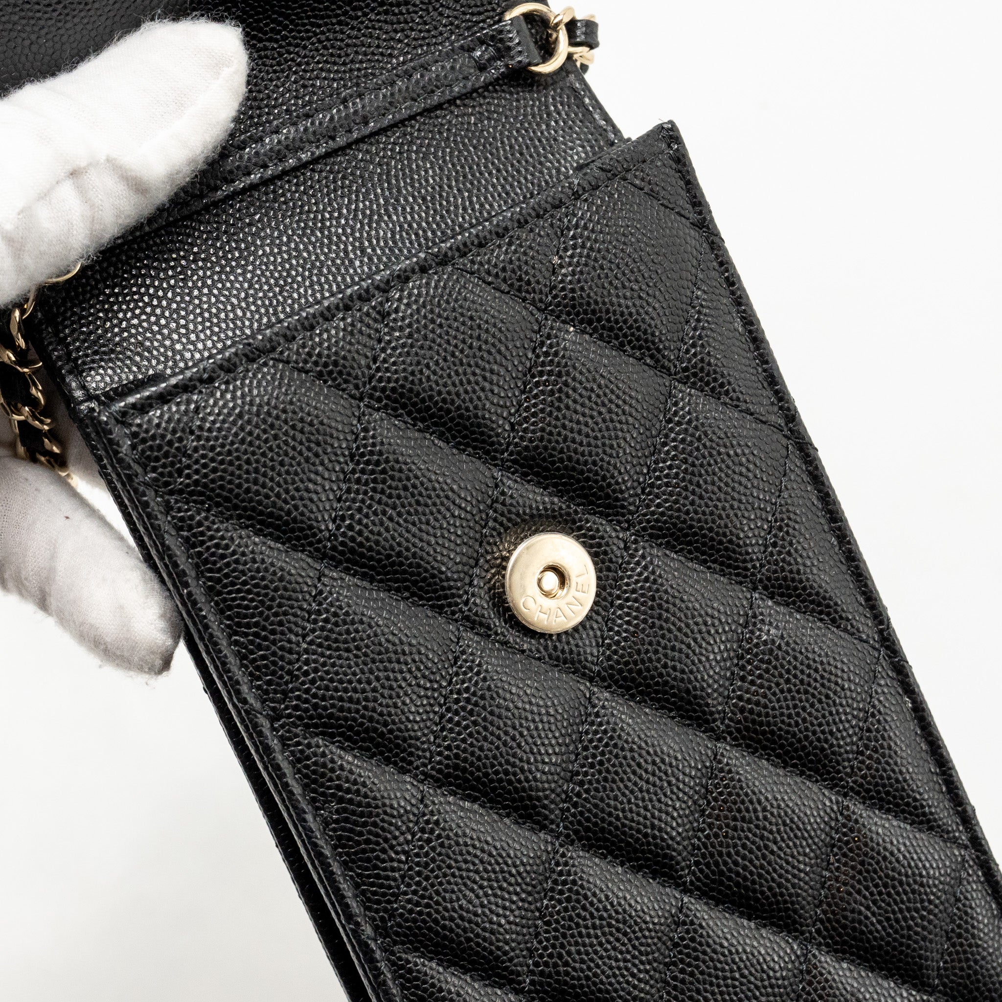 CHANEL CLASSIC PHONE CLUTCH WITH POUCH ON CHAIN CAVIAR BLACK LGHW
