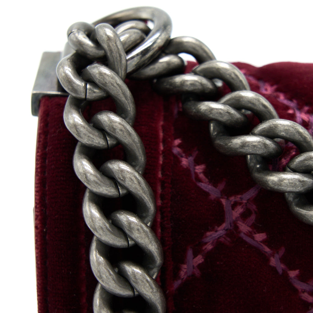 CHANEL MEDIUM BOY BAG VELVET DARK RED RUTHENIUM SHW