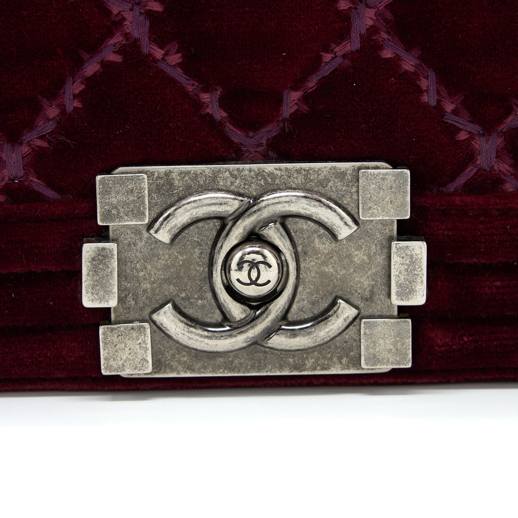 CHANEL MEDIUM BOY BAG VELVET DARK RED RUTHENIUM SHW