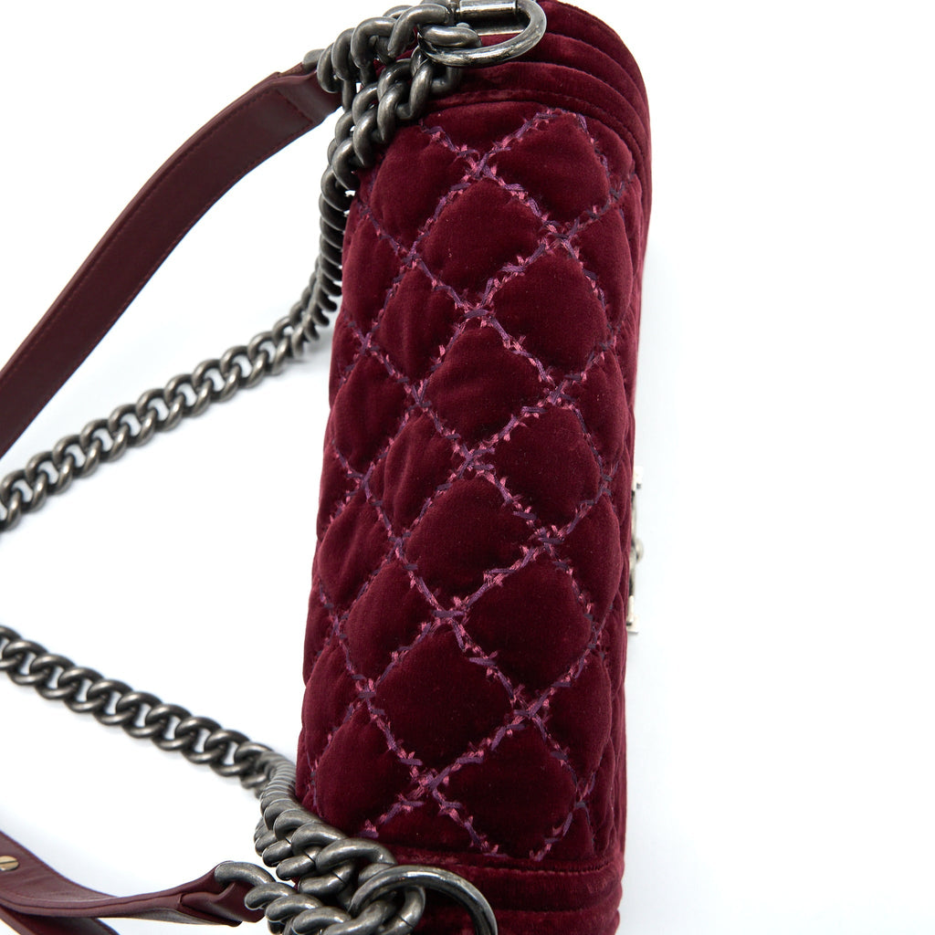 CHANEL MEDIUM BOY BAG VELVET DARK RED RUTHENIUM SHW